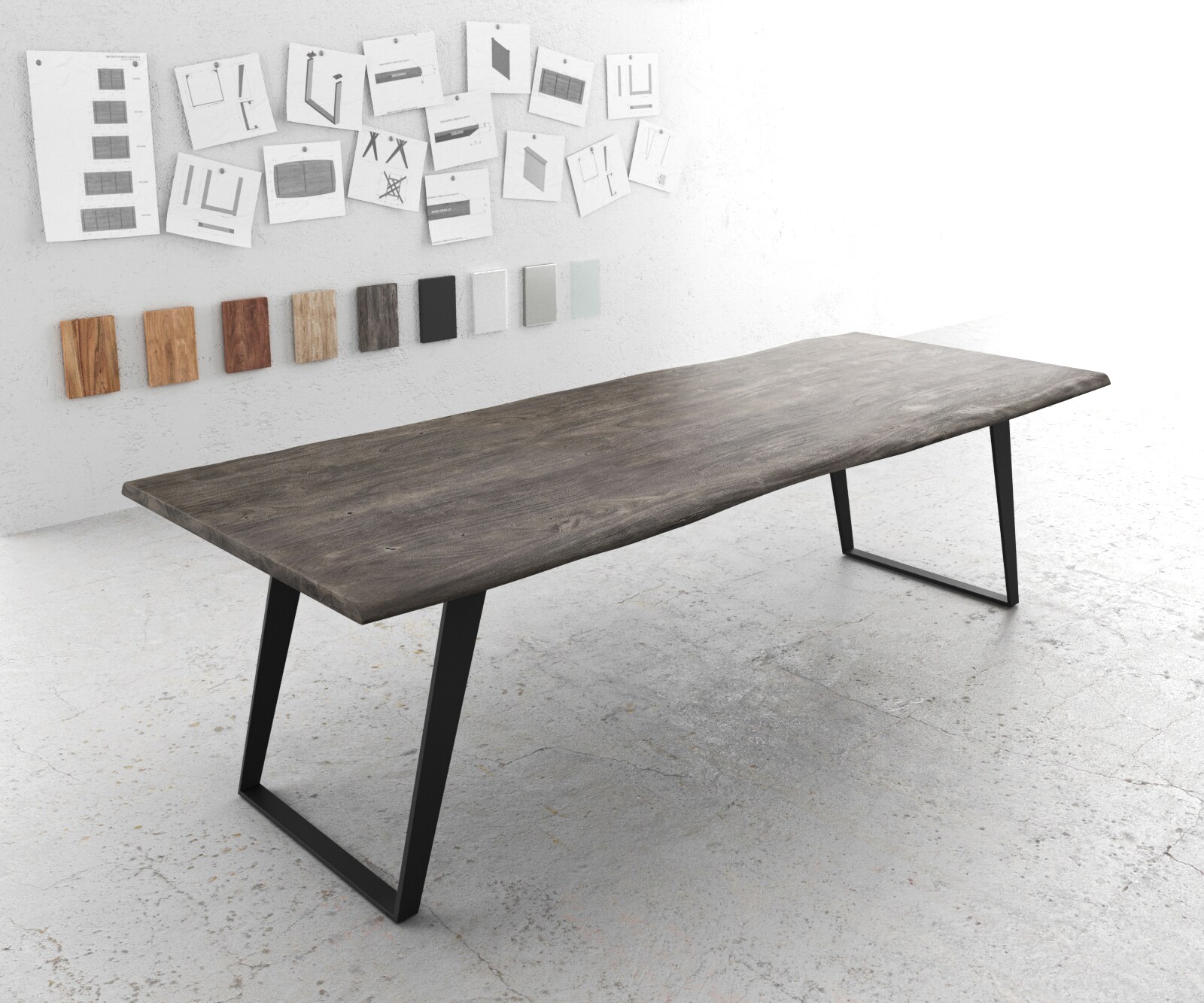 Stół do jadalni Edge 260x100 cm akacja platynowa metal pochylona rama live-edge