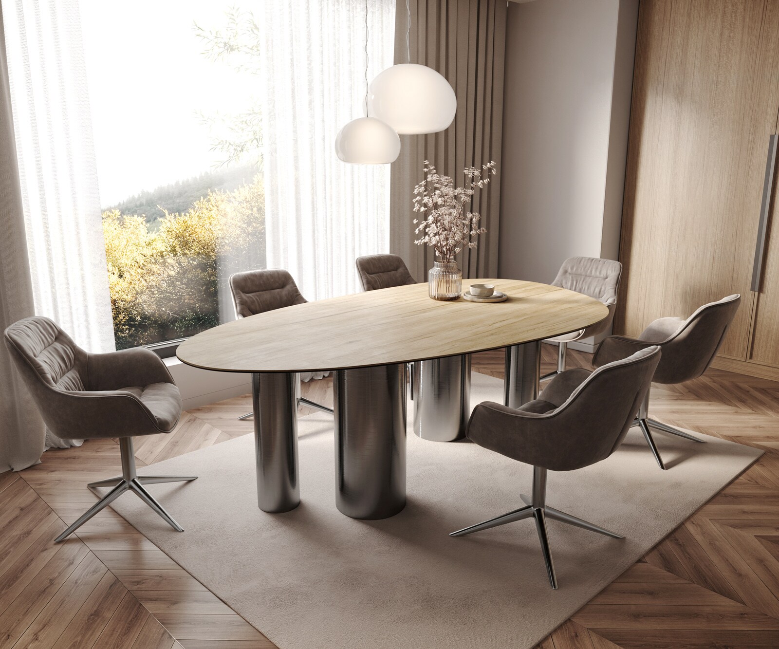 Stół do jadalni Edge owalny 220x120cm ceramika Laminam® Sabbia kolor dębowy rama Pilier stal nierdzewna kolor grafitowy 6