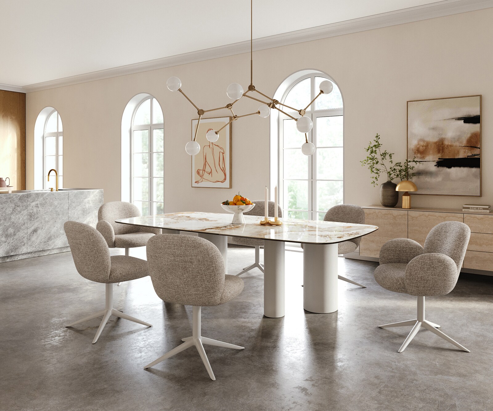 Stół do jadalni Edge w kształcie beczki 240x120 cm ceramika Minas Melange biało-beżowa rama Pilier metal biały 6