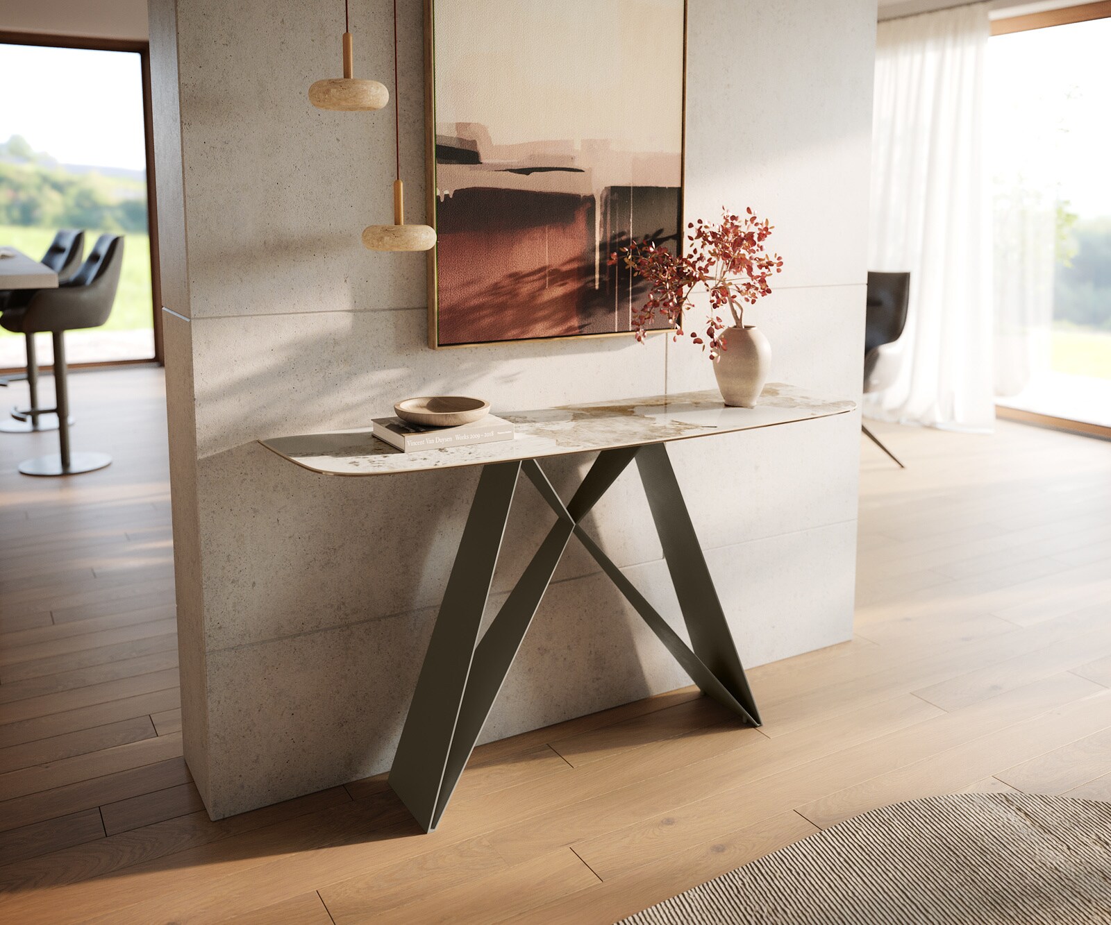 Konsola Edge w kształcie beczki 140x40 cm ceramika Minas Melange biało-beżowa podstawa Velio metal w kolorze tytanu 4