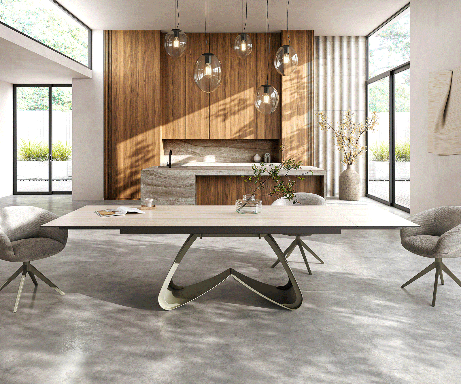 Stół do jadalni Edge 200-300x100cm ceramika Laminam® Travertino Bianco kremowo-biały rama W kolor tytanowy rozkładany 1