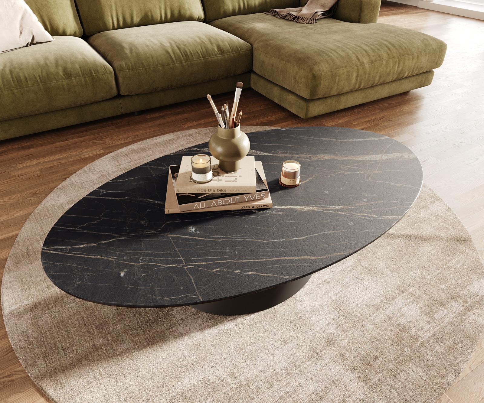 Stolik kawowy Edge owalny 140x80 cm ceramika Laminam® Noir Desir brązowa podstawa Conis metal czarny 4