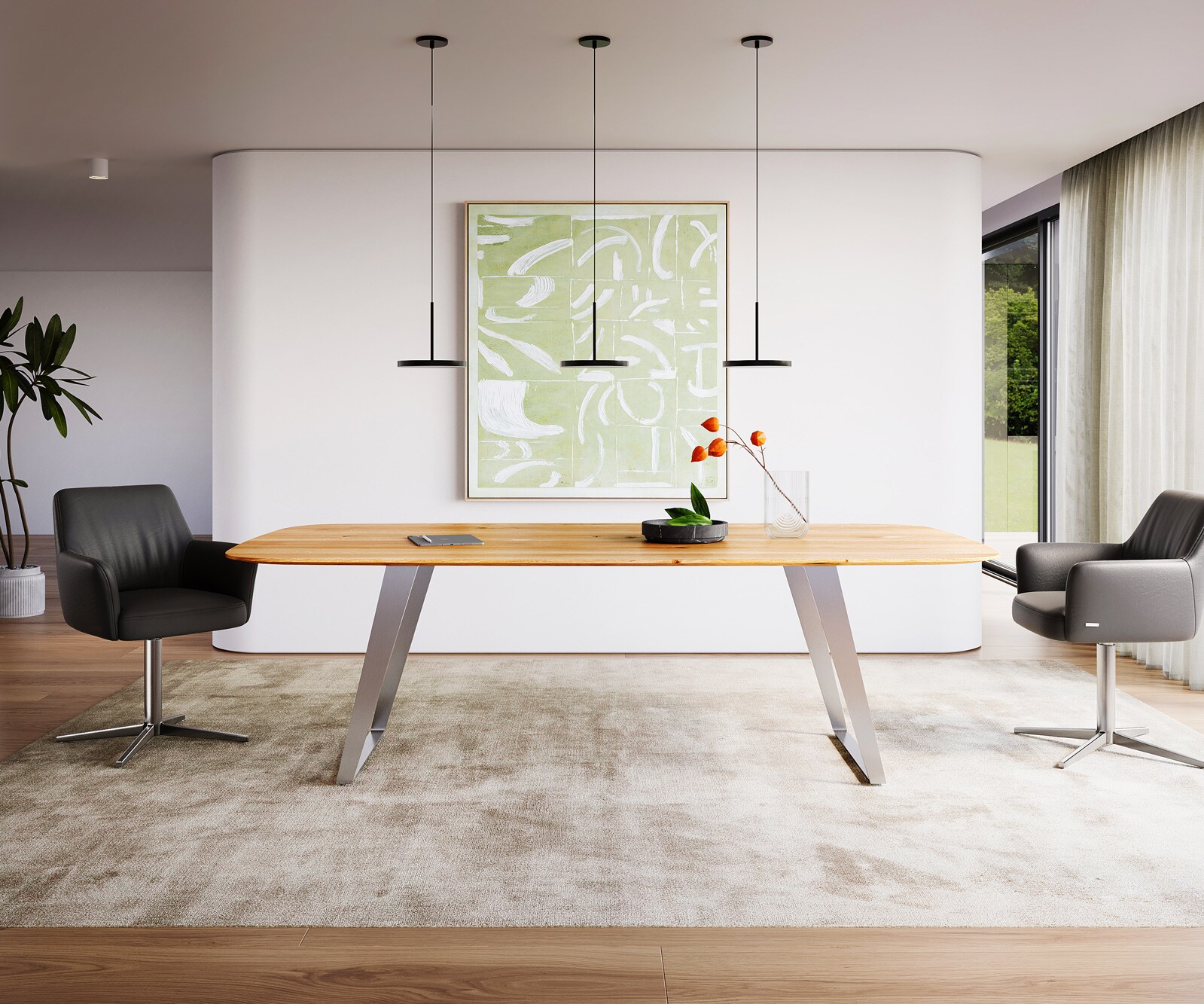 Stół do jadalni Edge kształt beczki 240x120x2,5-3cm dąb naturalny stal nierdzewna pochylona rama krawędź szwajcarska 1