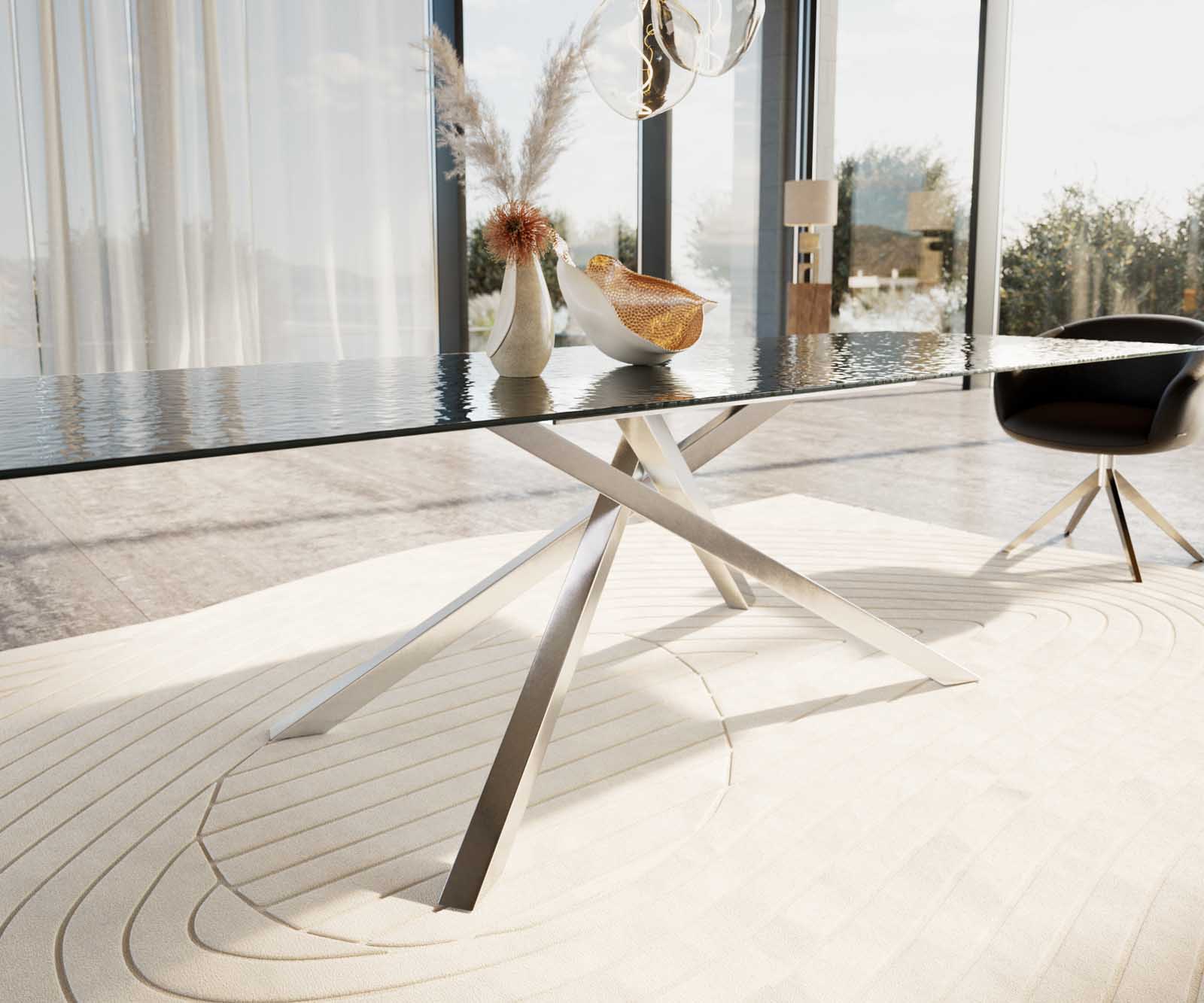 Stół do jadalni Edge 300x100cm szkło reliefowe czarne efekt 3D rama Cross stal nierdzewna 5