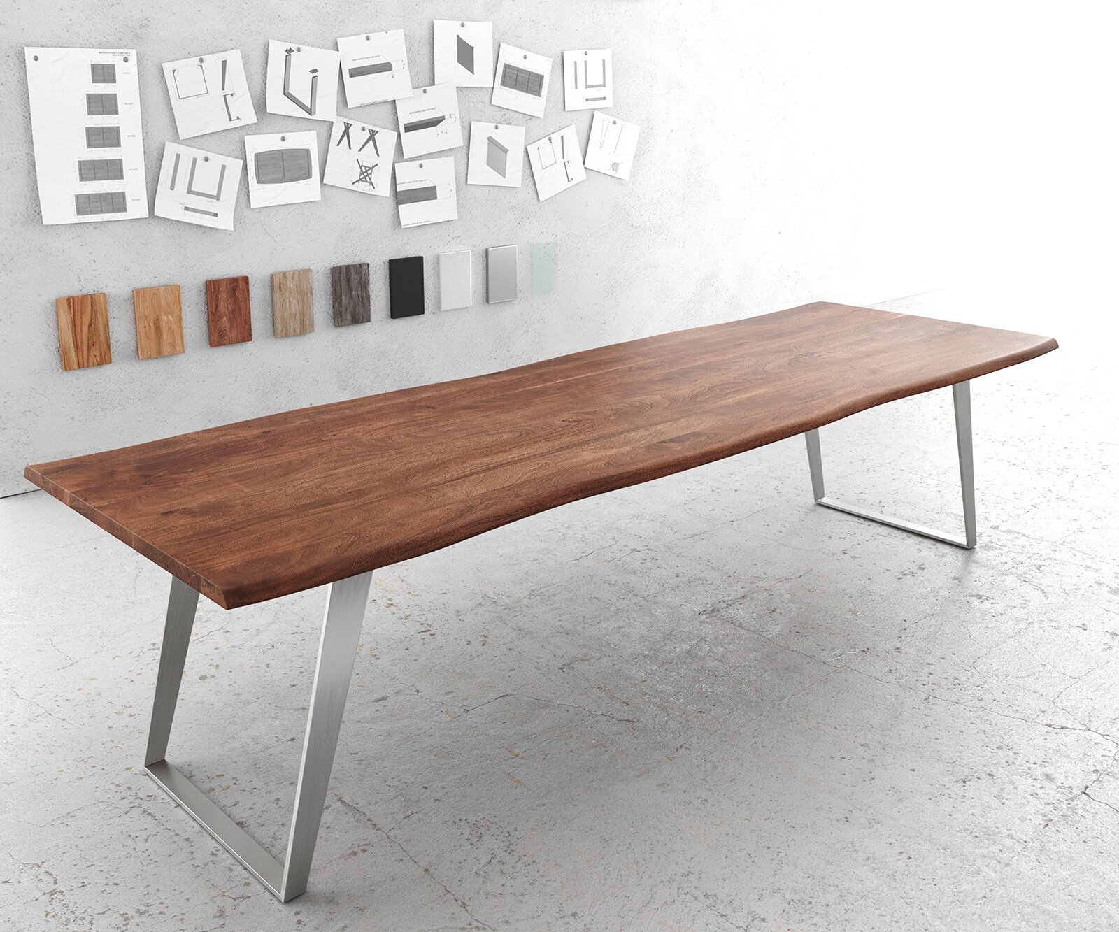 Stół do jadalni Edge 300x100cm akacja brązowa stal nierdzewna srebrna pochylona rama live-edge 1