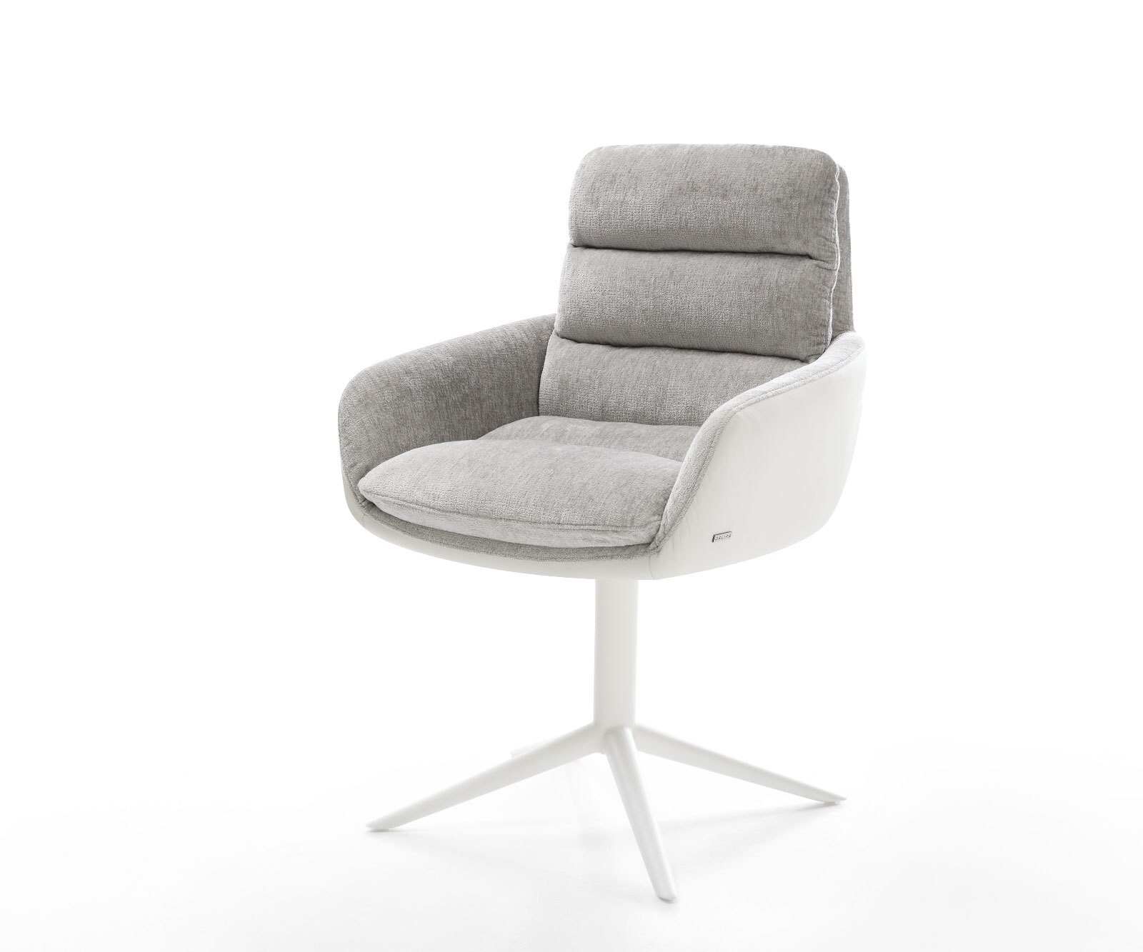 Krzesło do jadalni Abelia-Flex z podłokietnikami mieszanka materiałów skóra naturalna/szenil kolor biało-srebrno-szary rama krzyżowa biała obracane o 360° funkcja kołyski