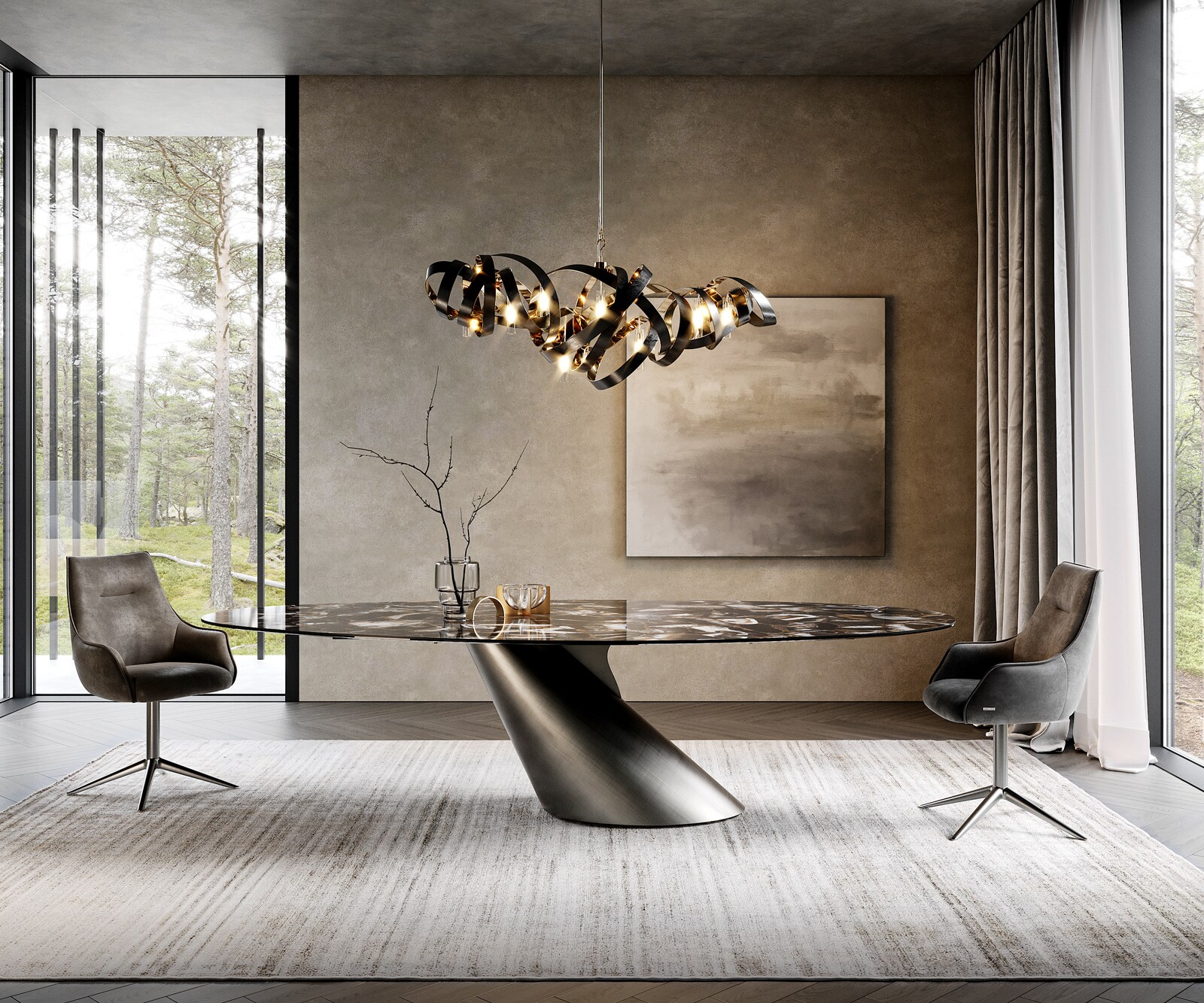 Stół do jadalni Edge owalny 280x130 cm ceramika Iris FMG Agatablack rama Cono metaliczny srebrny