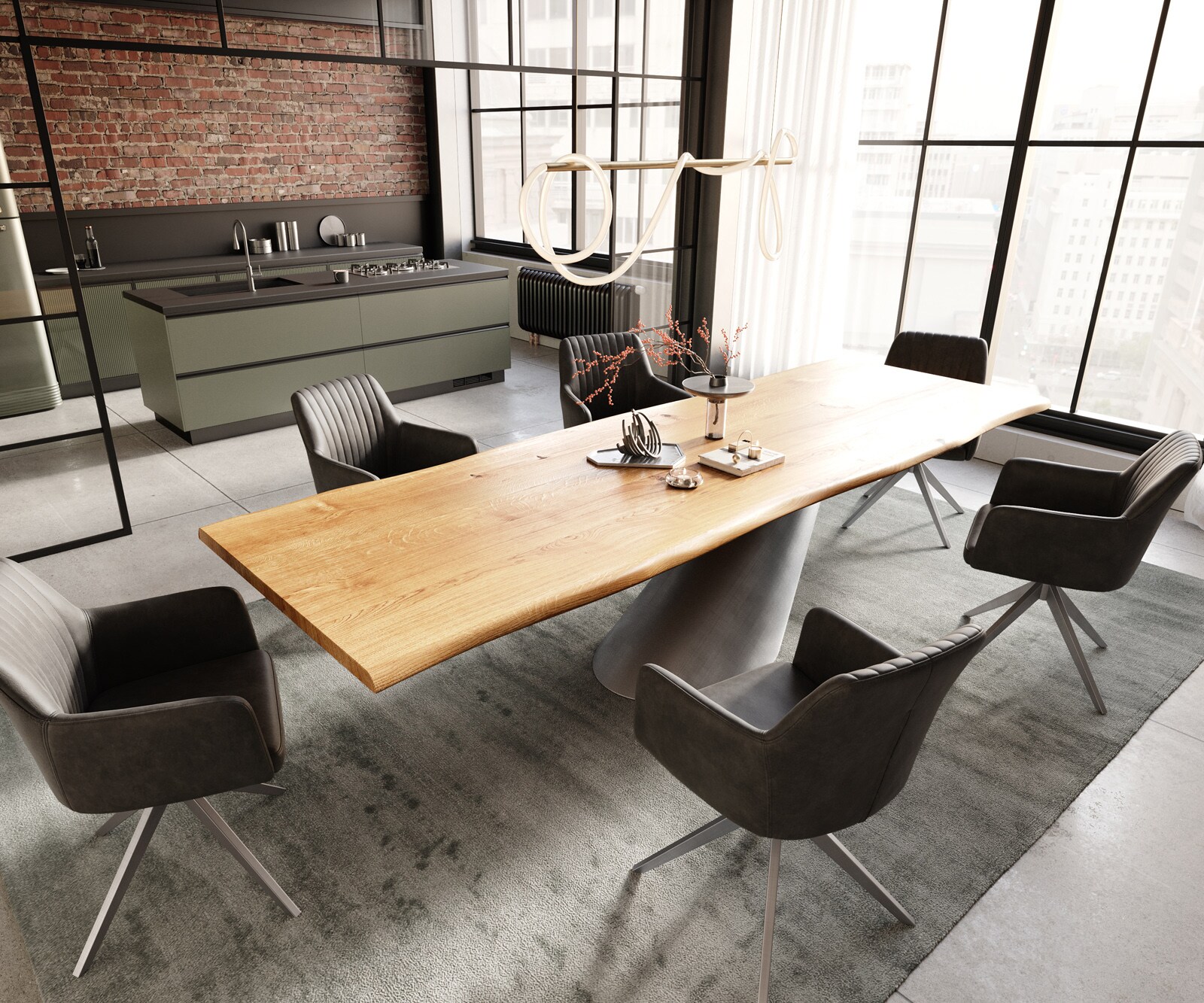 Stół do jadalni Edge 300x100x4cm dąb naturalny rama Cono metaliczny srebrny live-edge 6