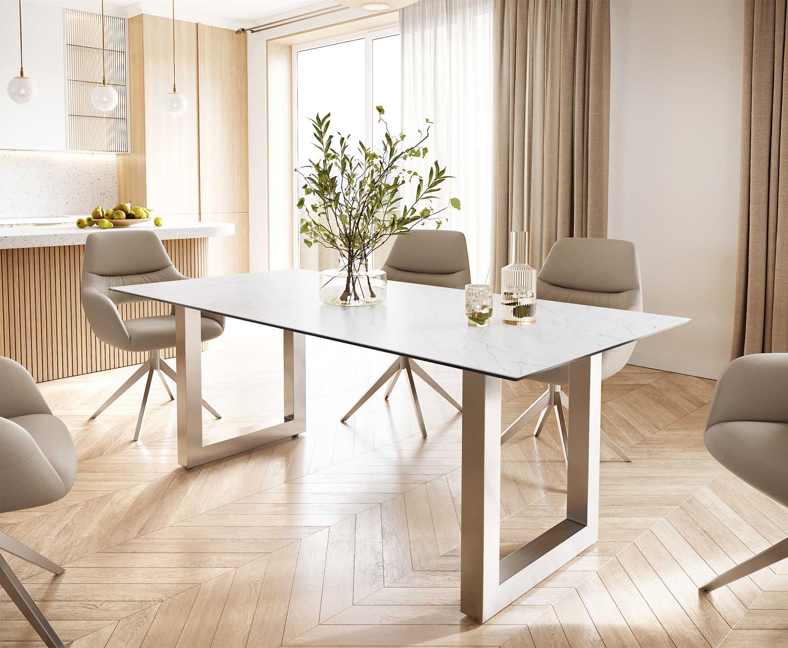 Stół do jadalni Edge 200x100 cm ceramika Laminam® Statuarietto biały stal nierdzewna szeroka rama