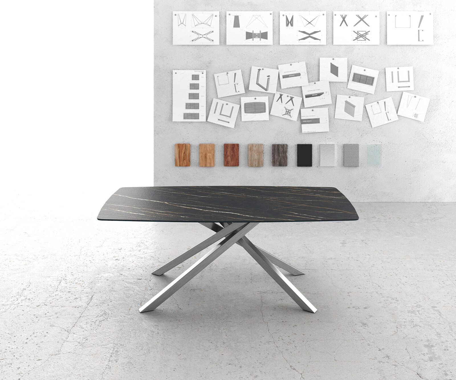 Stół do jadalni Edge kształt beczki 200x100cm ceramika Laminam® Noir Desir brązowy rama Cross stal nierdzewna 1