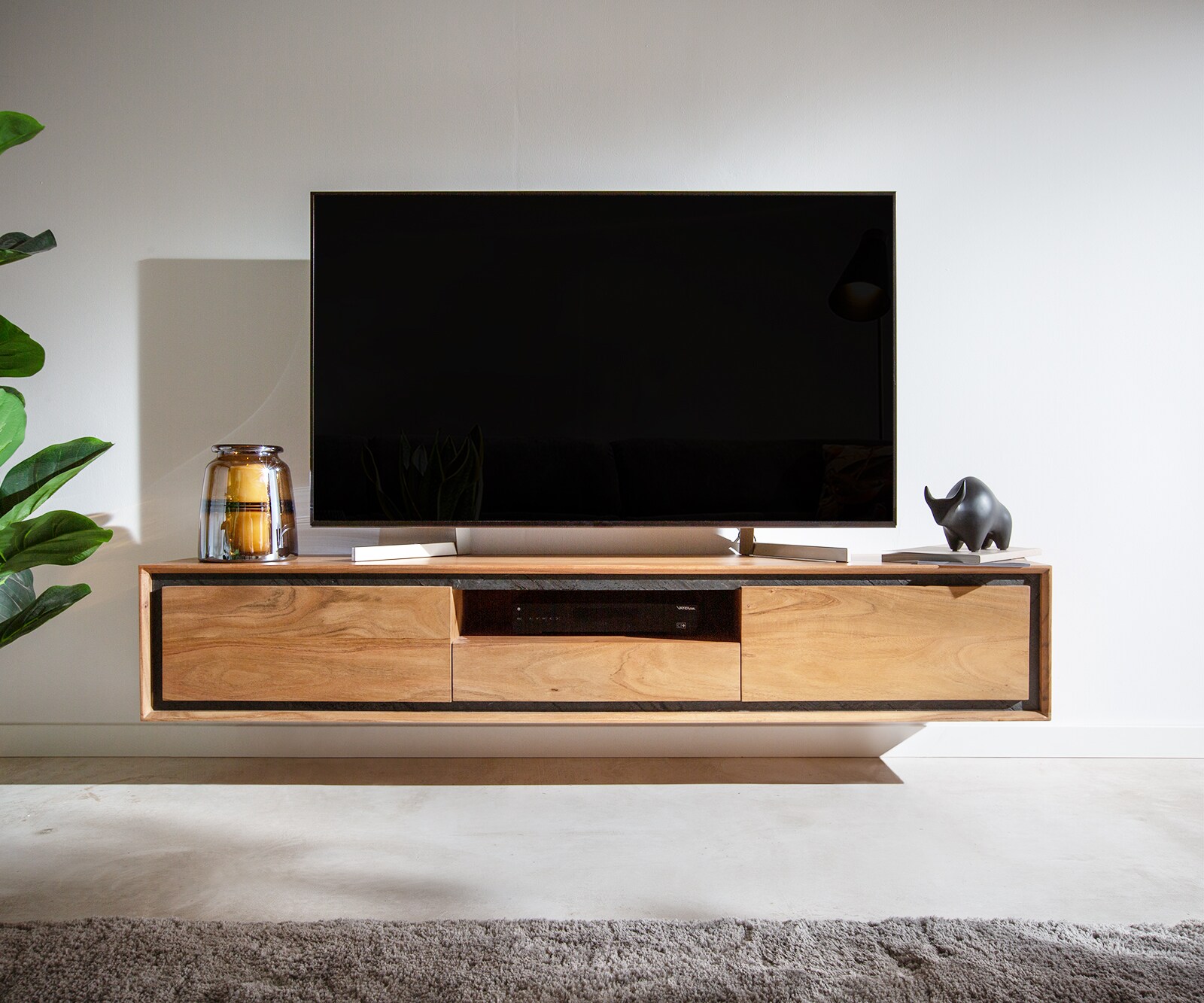 Szafka RTV Stonegrace 175 cm akacja naturalna 2 drzwi 1 przegroda 1 szuflada fornir kamienny podwieszana 2