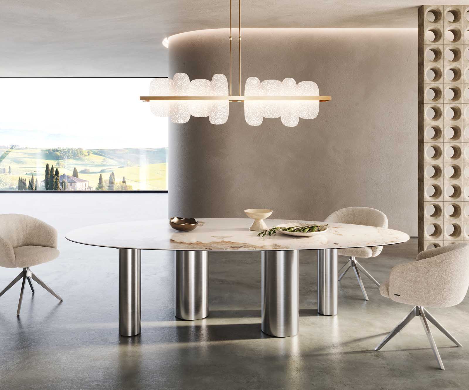 Stół do jadalni Edge owalny 280x130cm ceramika Minas Melange biało-beżowy rama Pilier stal nierdzewna 1
