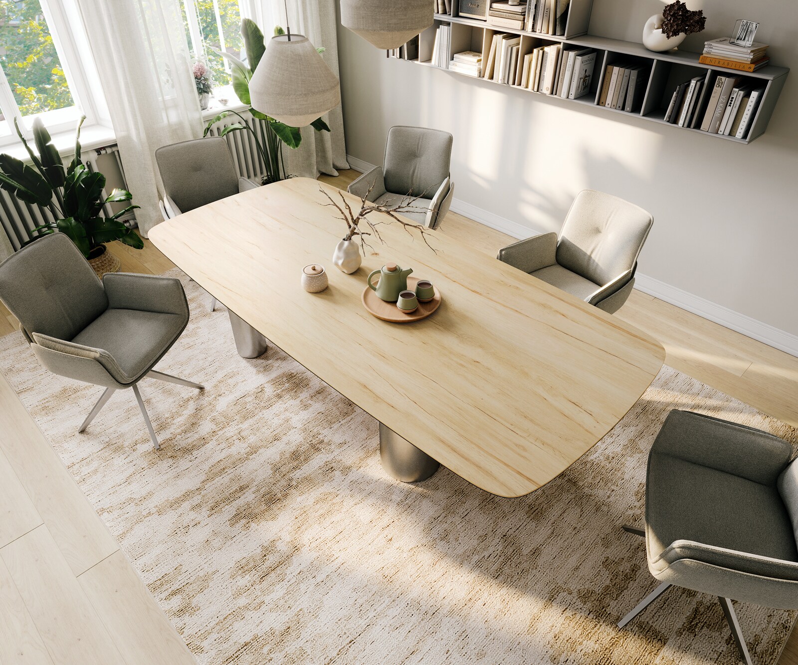 Stół do jadalni Edge w kształcie beczki 260x120 cm ceramika Laminam® Sabbia w kolorze dębu rama Pilier stal nierdzewna szczotkowana 3