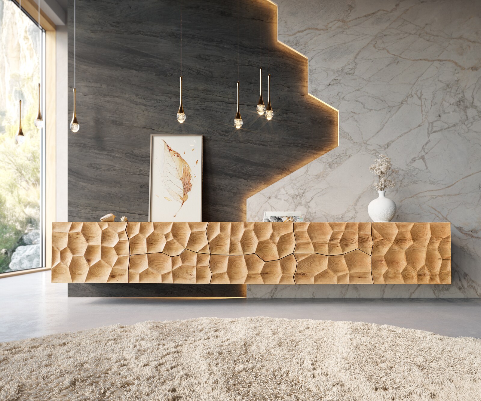 Szafka RTV Solu 260x35x40 cm dąb naturalny 2 drzwi 6 szuflad podwieszana 1