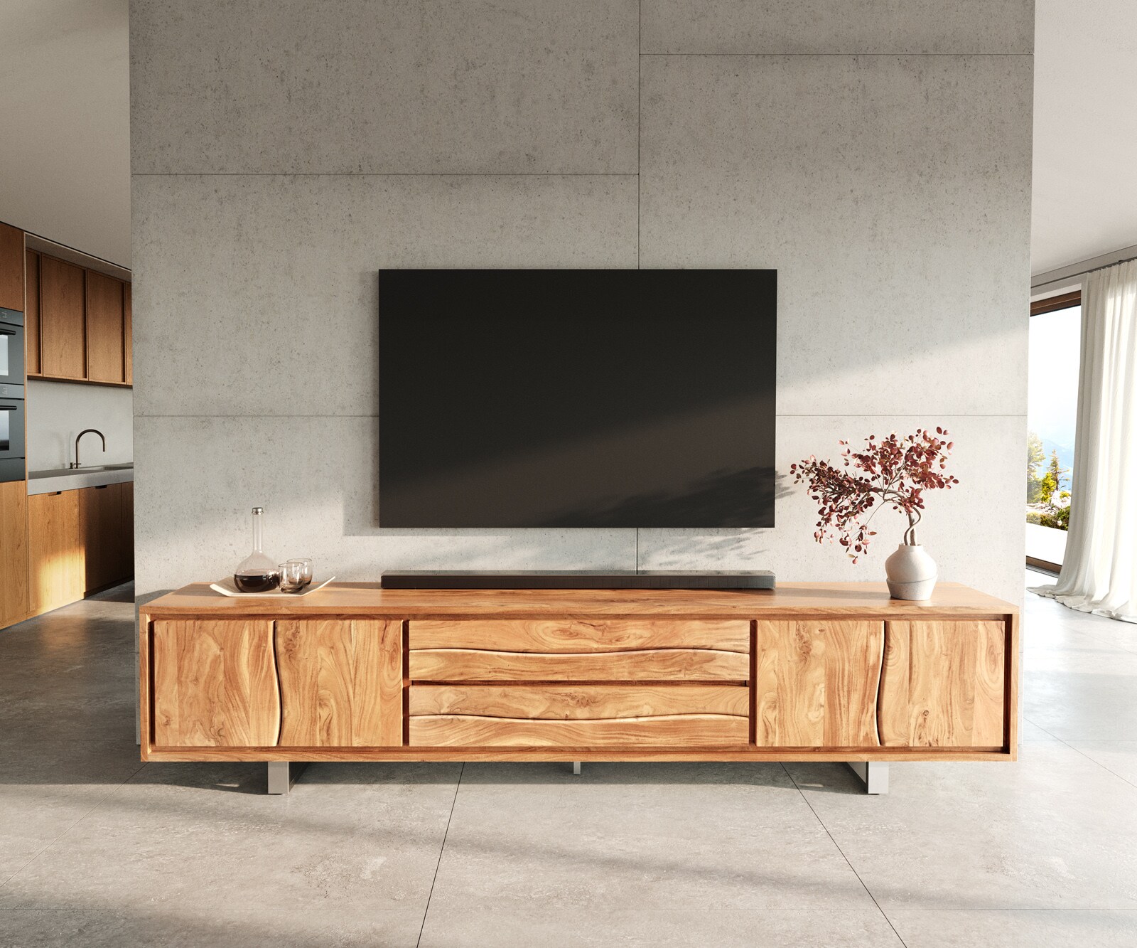 Szafka RTV Live-Edge 300 cm akacja naturalna 4 drzwi 2 szuflady 1