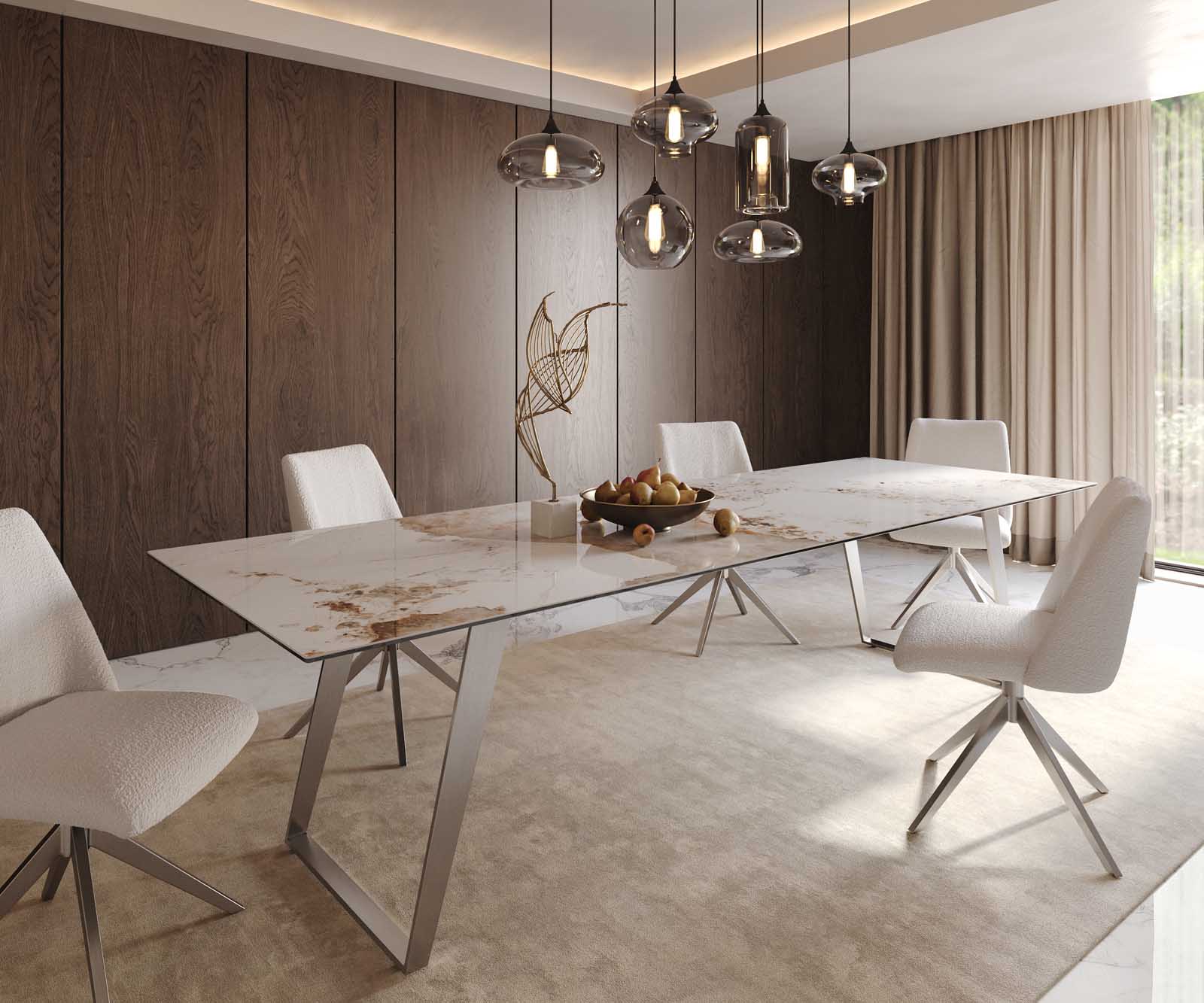 Stół do jadalni Edge 300x100cm ceramika Minas Melange biało-beżowy stal nierdzewna pochylona rama