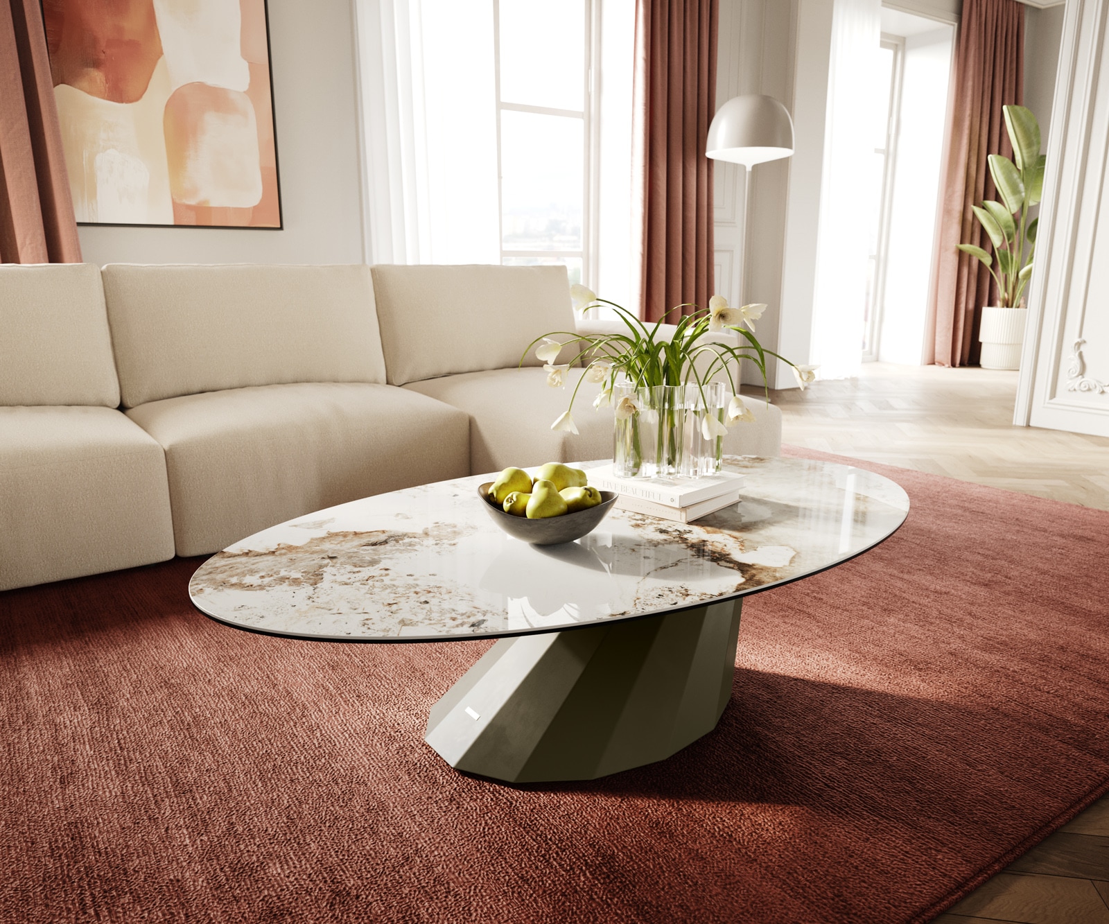 Stolik kawowy Edge owalny 140x80 cm ceramika Minas Melange podstawa Parabi wykończenie tytanowe 1