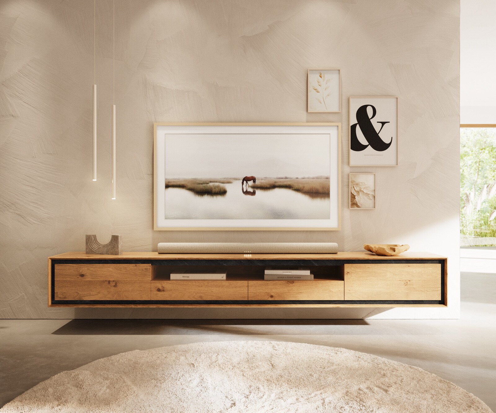 Szafka RTV Stonegrace 240 cm dąb naturalny 2 drzwi 1 przegroda 2 szuflady fornir kamienny podwieszana 2