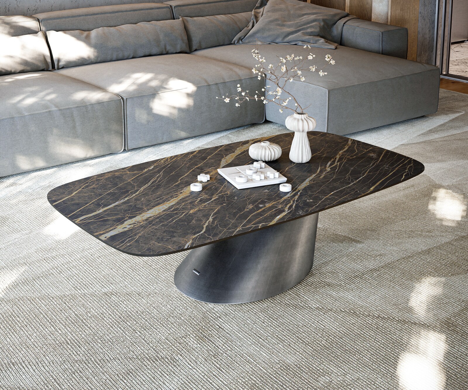 Stolik kawowy Edge w kształcie beczki 140x80 cm ceramika Laminam® Noir Desir brązowy Conis srebrny metaliczny 2