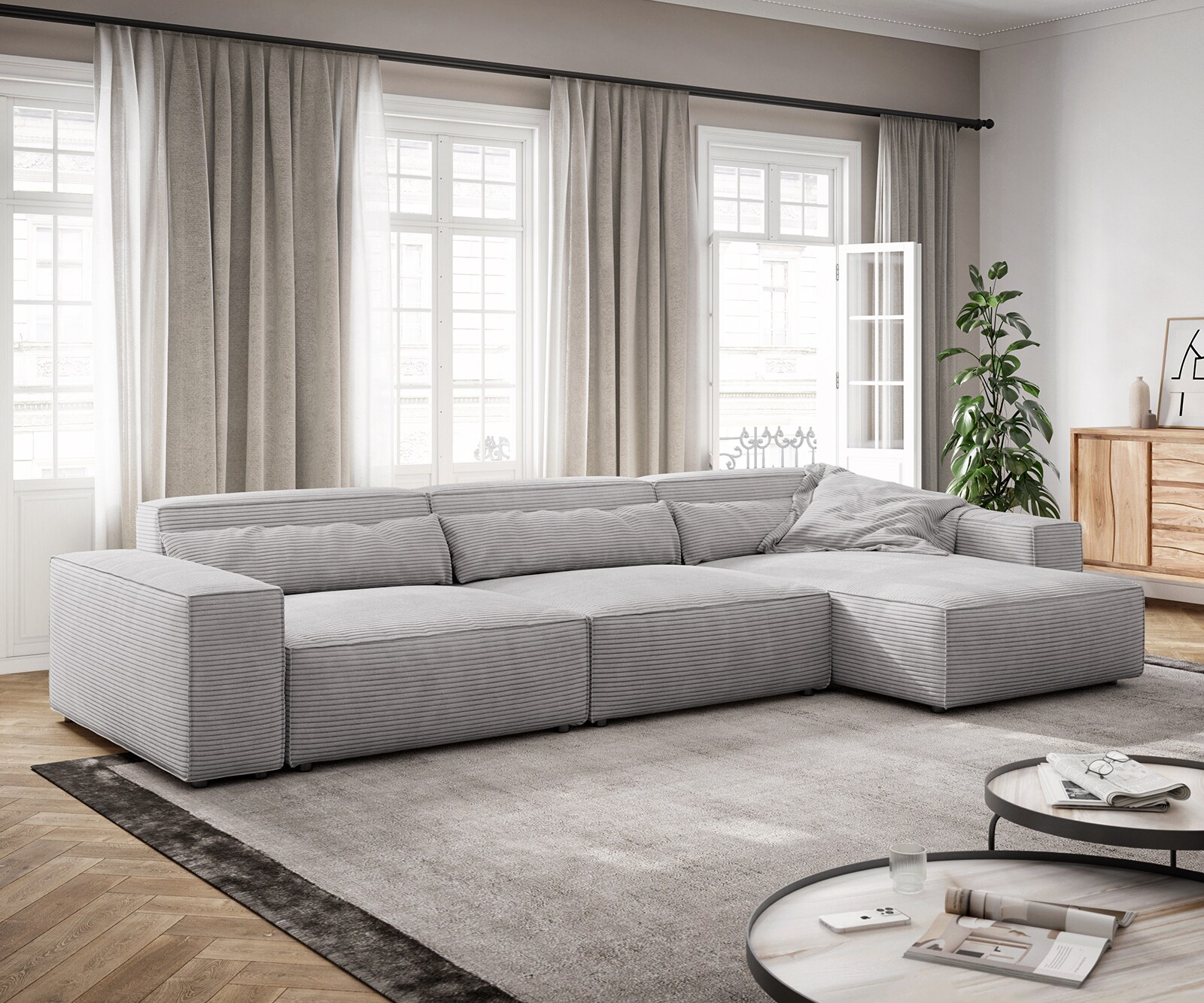 Sofa narożna Sirpio XL 370x170cm sztruks srebrno-szary szezlong z możliwością zmiennego ustawienia