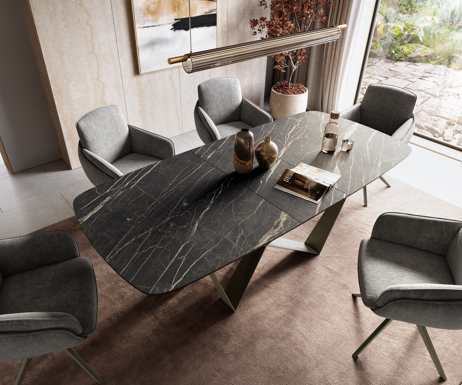 Stół do jadalni Edge w kształcie beczki 180-220x100 cm Laminam® ceramika Noir Desir Braun rama Spider metal kolor tytanowy rozkładany 4