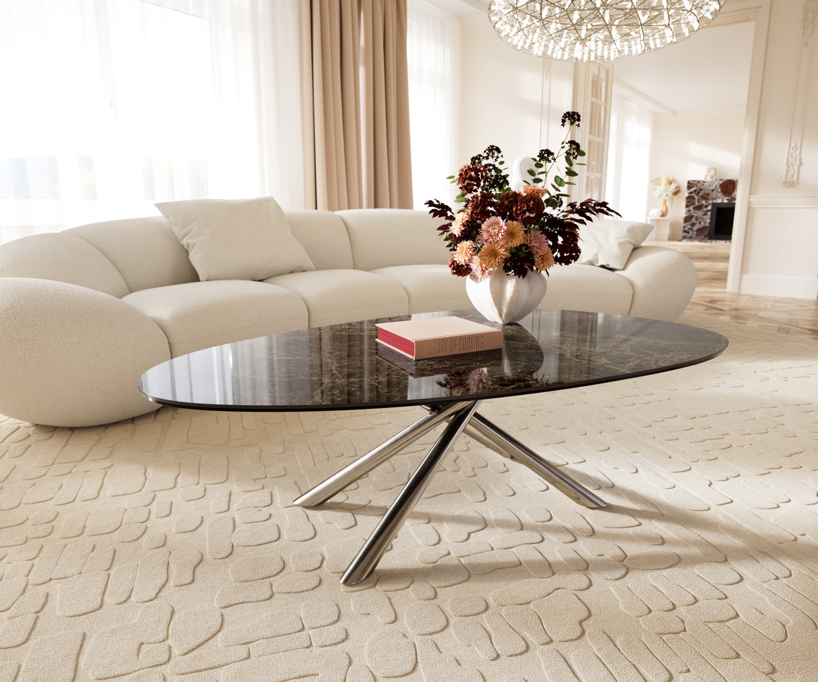 Stolik kawowy Edge owalny 140x75 cm ceramika Laminam® Emperador Extra Lucidato ciemnobrązowa podstawa Sarity stal nierdzewna szczotkowana 1