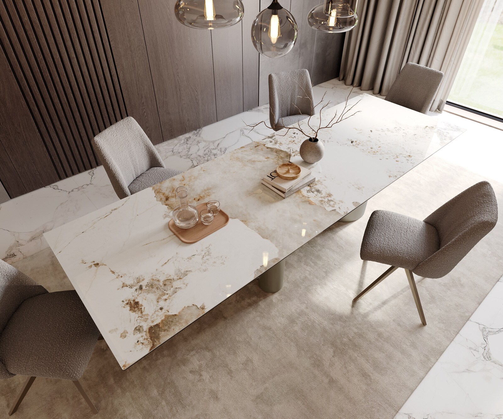 Stół do jadalni Edge 300x100cm ceramika Minas Melange biało-beżowy rama Troa metal kolor tytanowy 4