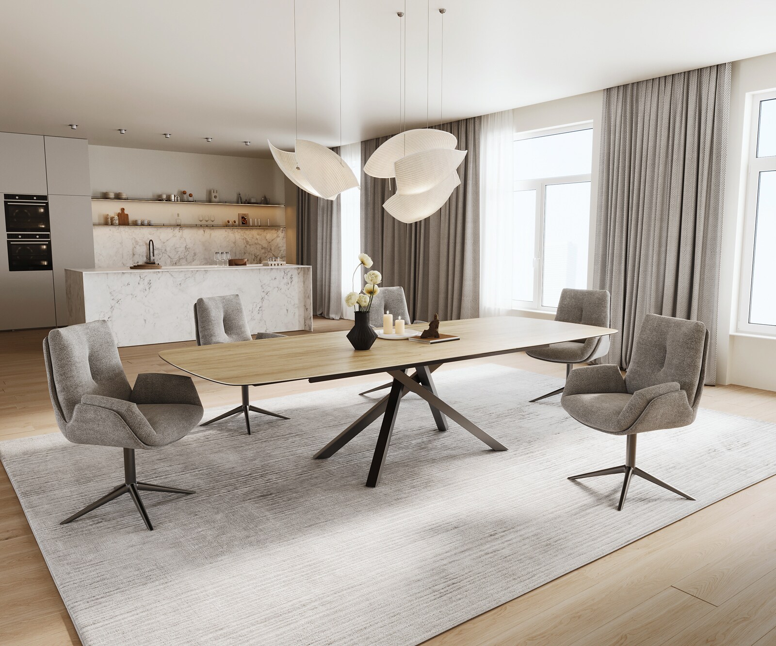 Stół do jadalni Edge w kształcie beczki 240-300x120 cm ceramika Laminam® Sabbia w kolorze dębu rama Cross stal nierdzewna kolor grafitowy rozkładany 6