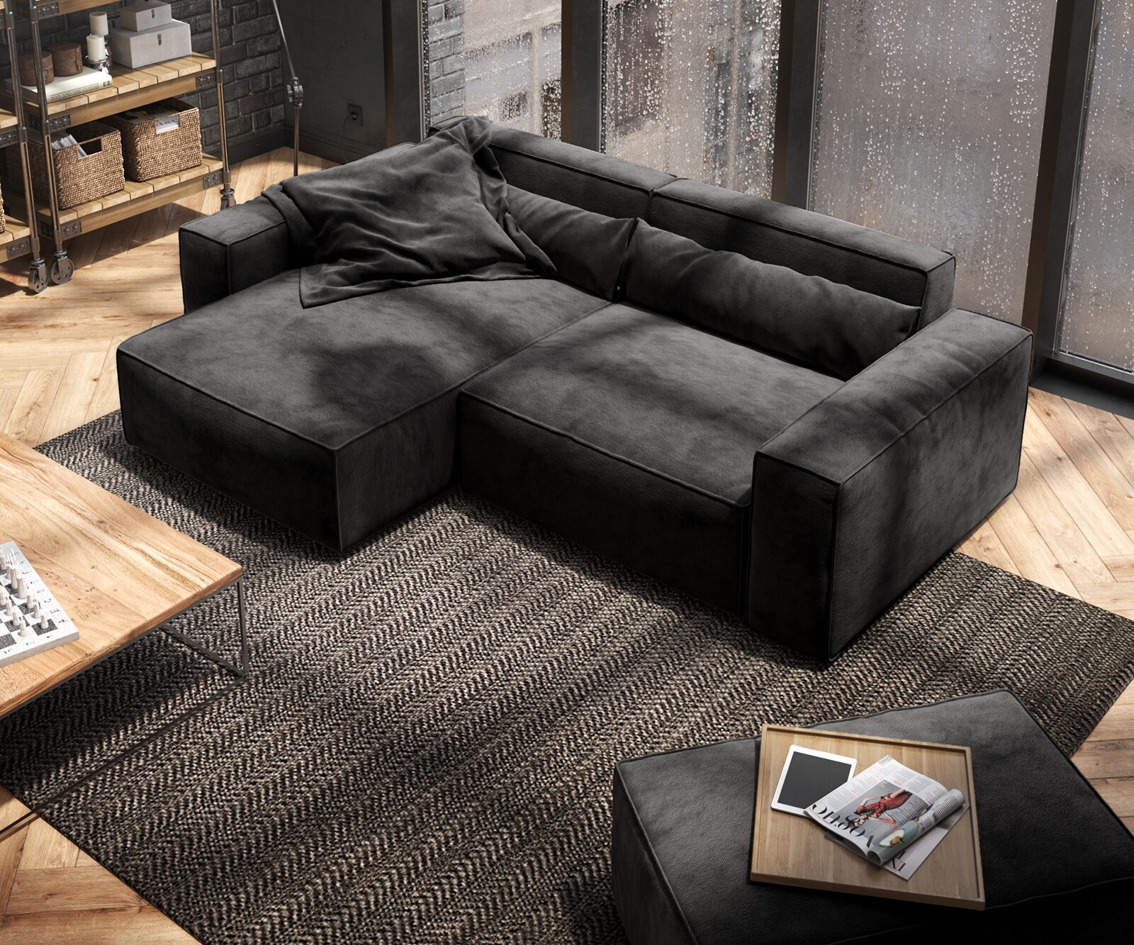 Sofa narożna Sirpio 230x155 cm mikrofibra czarna szezlong z możliwością obustronnego montażu z pufem 4