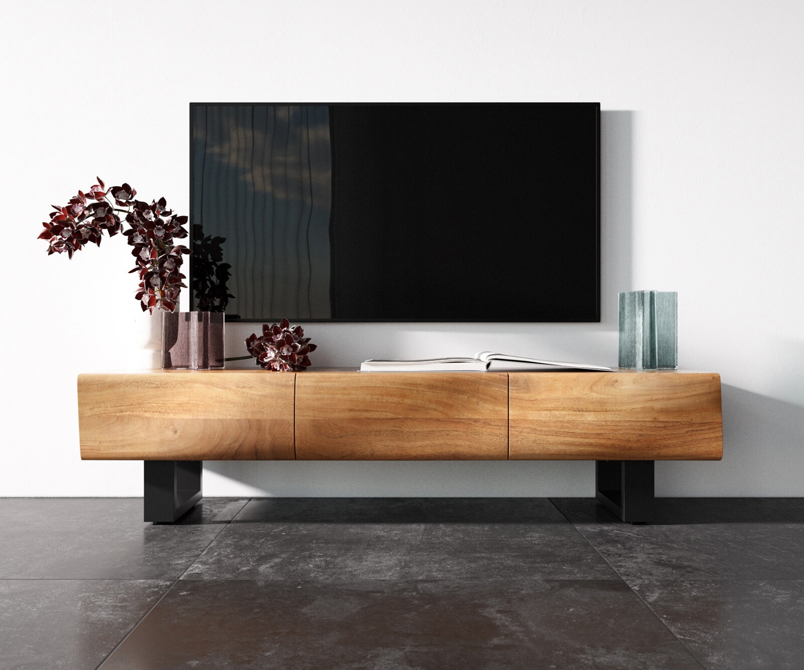 Szafka RTV New Live-Edge 145 cm akacja naturalna 3 drzwi nóżki płozowe czarny metal 3