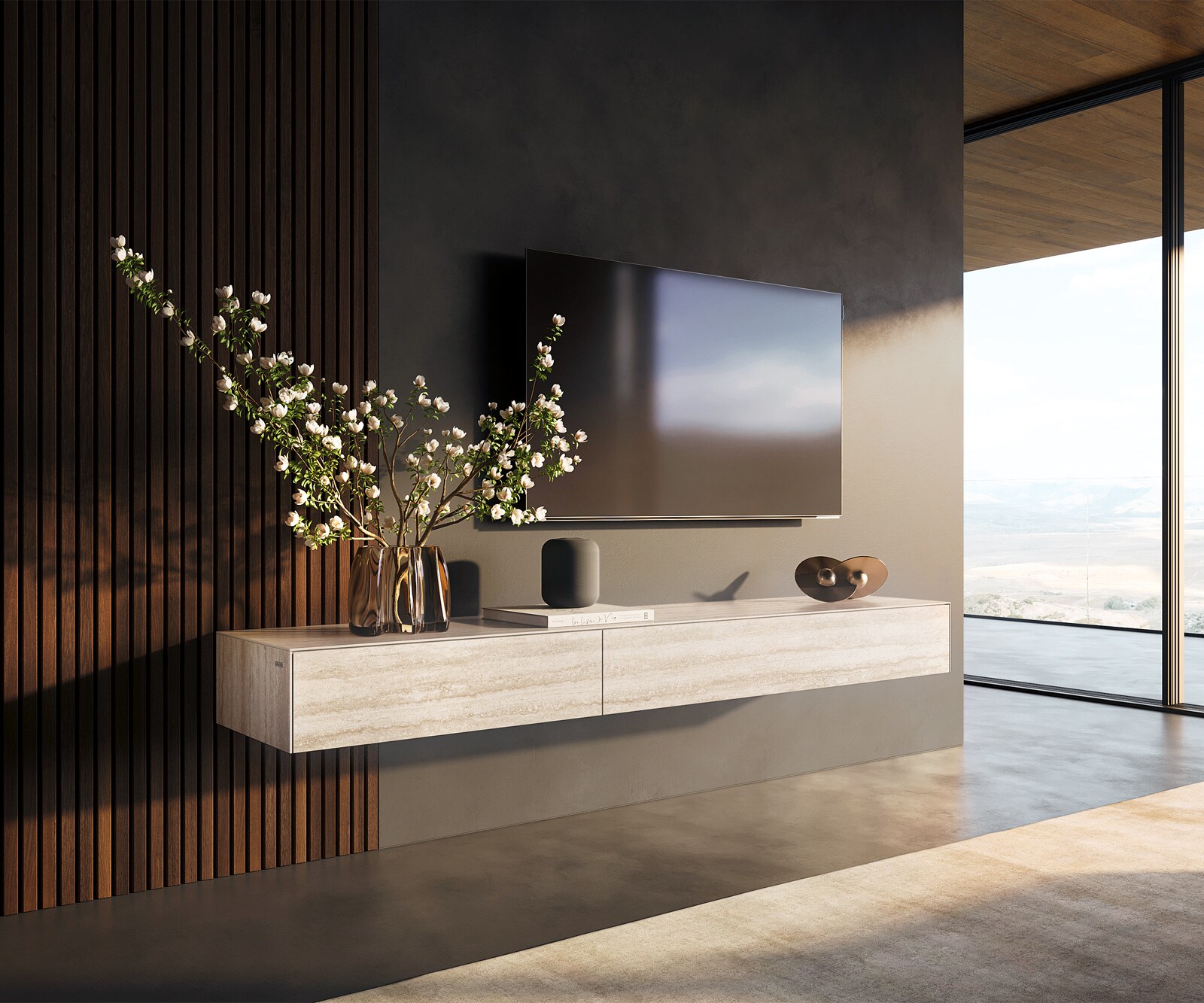 Szafka RTV Cuor 200 cm ceramika Laminam® Travertino Bianco kremowo-biały 1 klapa 1 szuflada podwieszana
