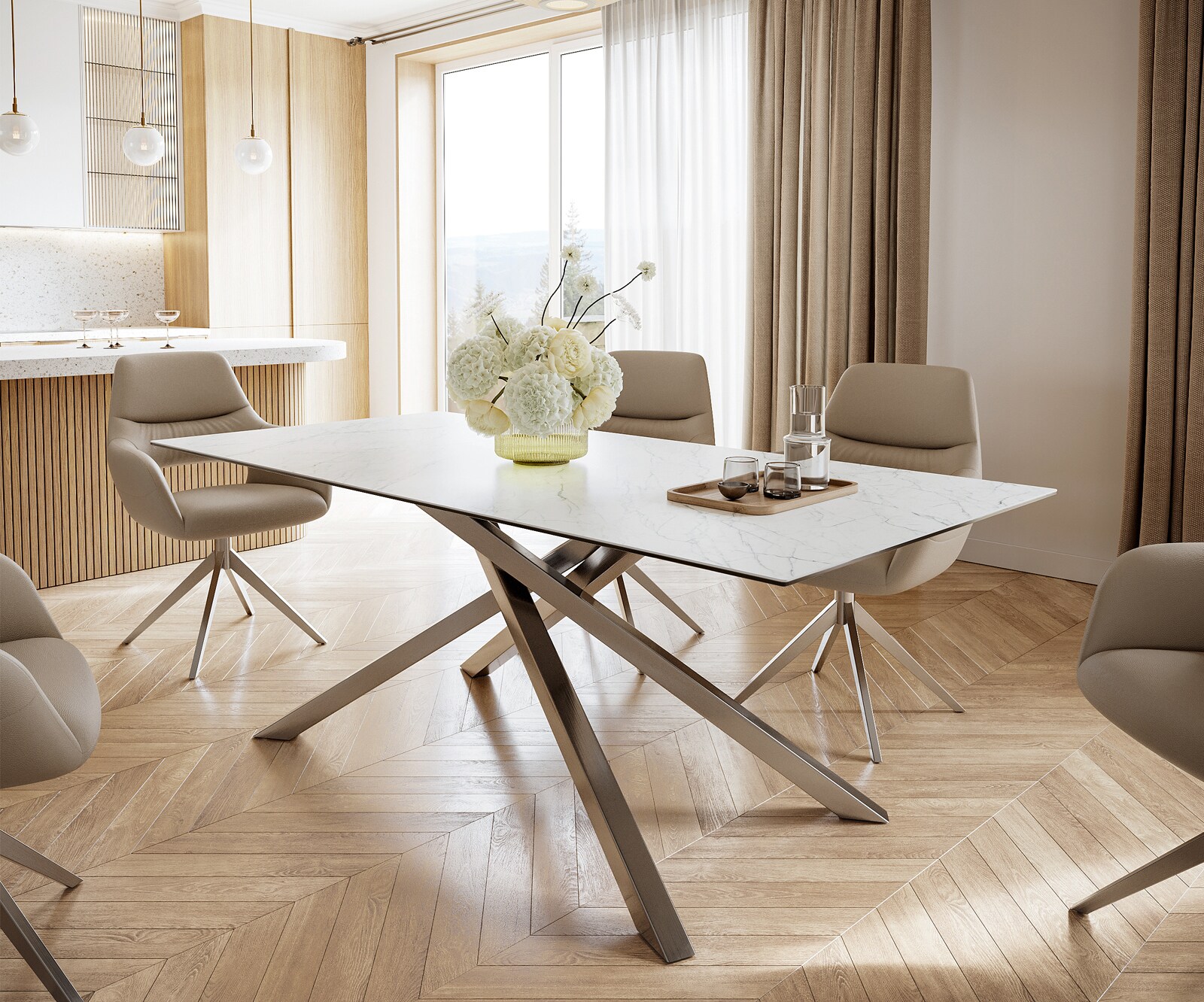 Stół do jadalni Edge 200x100 cm ceramika Laminam® Statuarietto biała rama Cross stal nierdzewna 1