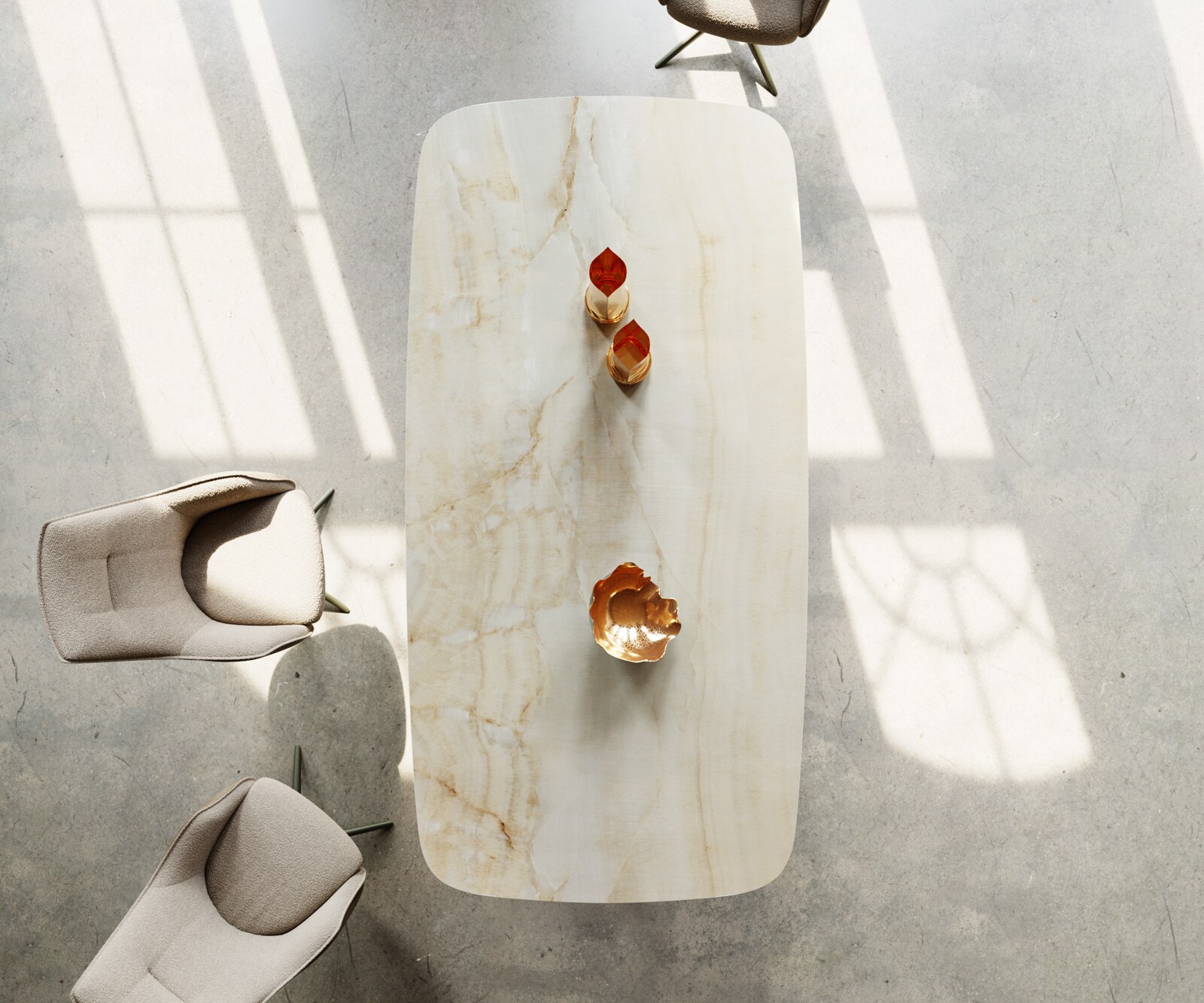 Stół do jadalni Edge kształt beczki 240x120cm ceramika Iris FMG Onice Oro rama Pilier metal kolor tytanowy 3
