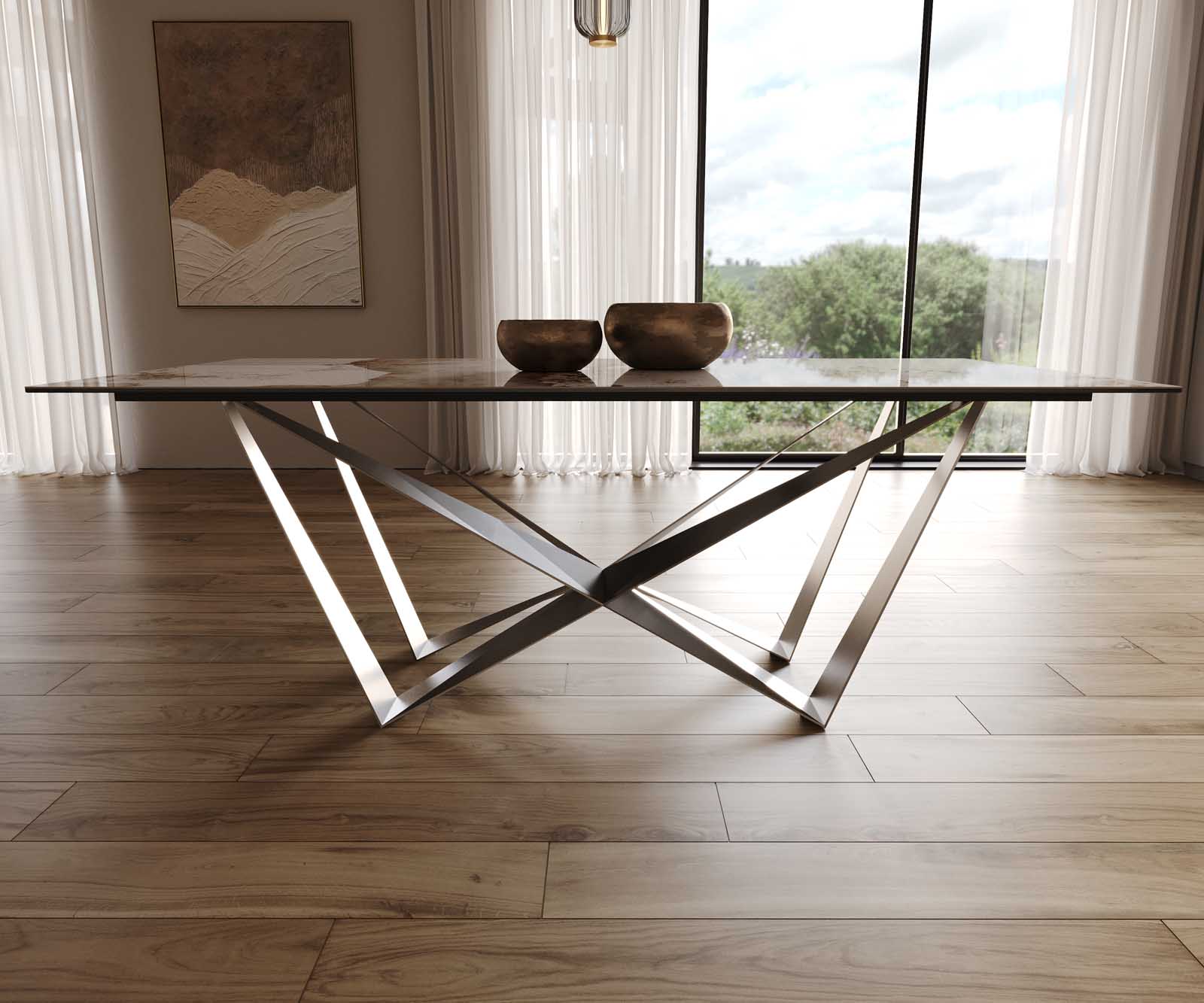 Stół do jadalni Edge 200x100 cm ceramika Minas Melange biało-beżowy rama Spider stal nierdzewna 8