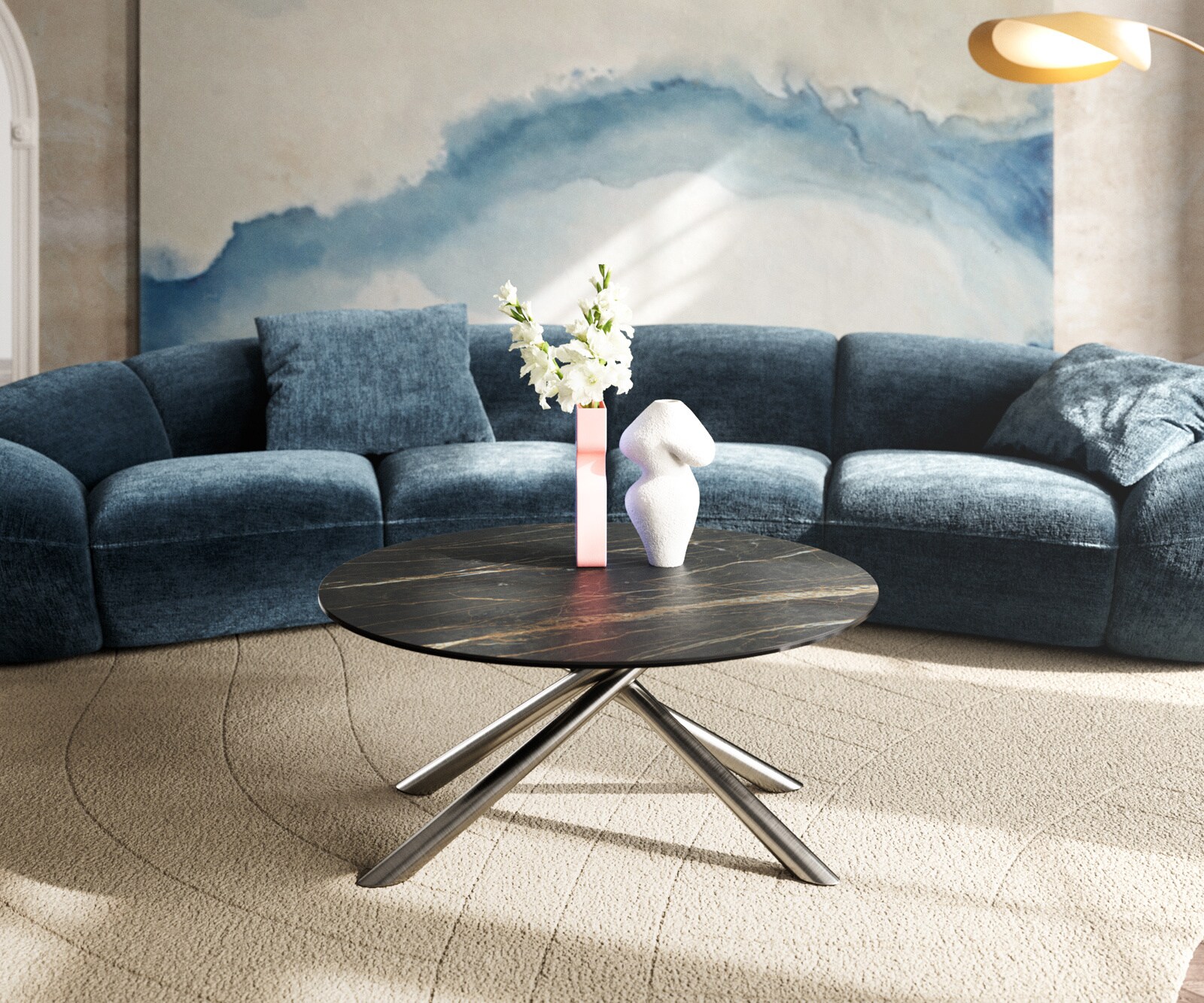 Stolik kawowy Edge okrągły 90x90 cm ceramika Laminam® Noir Desir brązowa podstawa Sarity stal nierdzewna szczotkowana 2