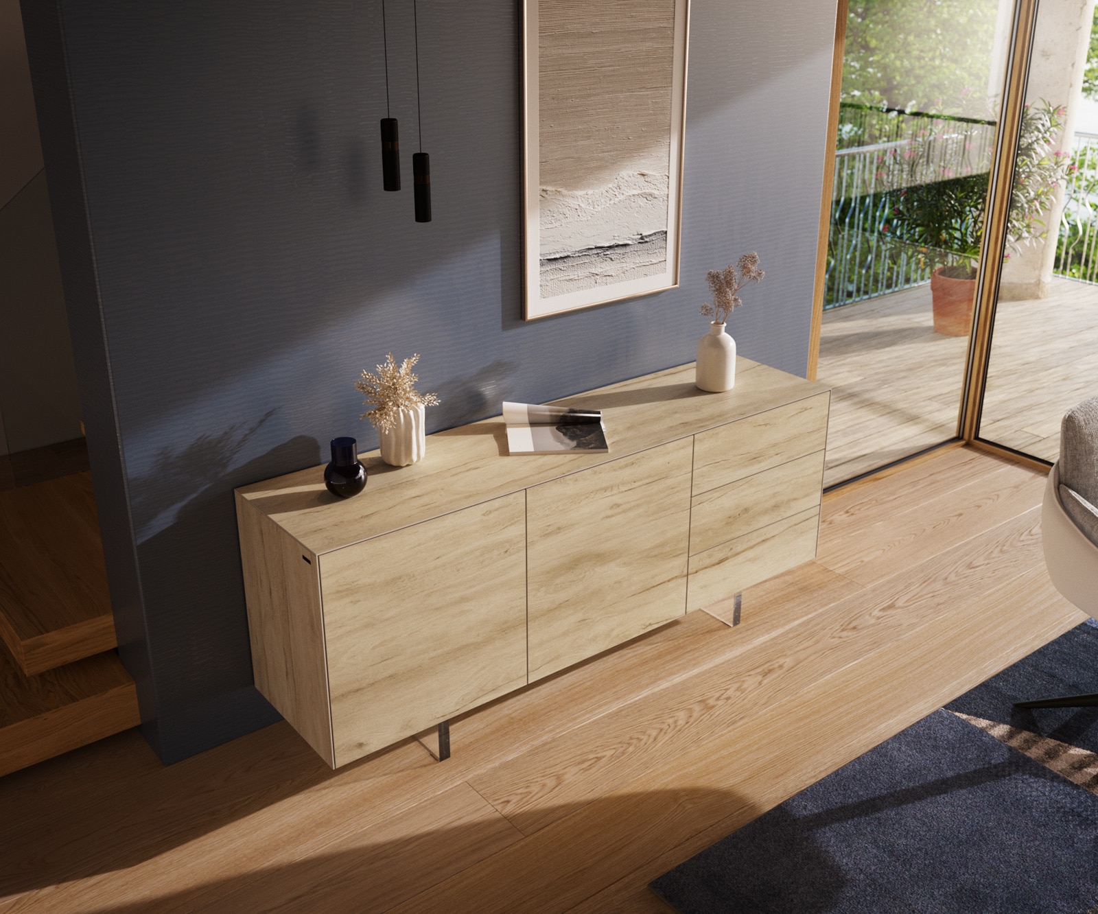 Komoda Cuor 180 cm ceramika Laminam® Sabbia (kolor dębu) 2 drzwi 3 szuflady nóżki wąskie szkło akrylowe 4