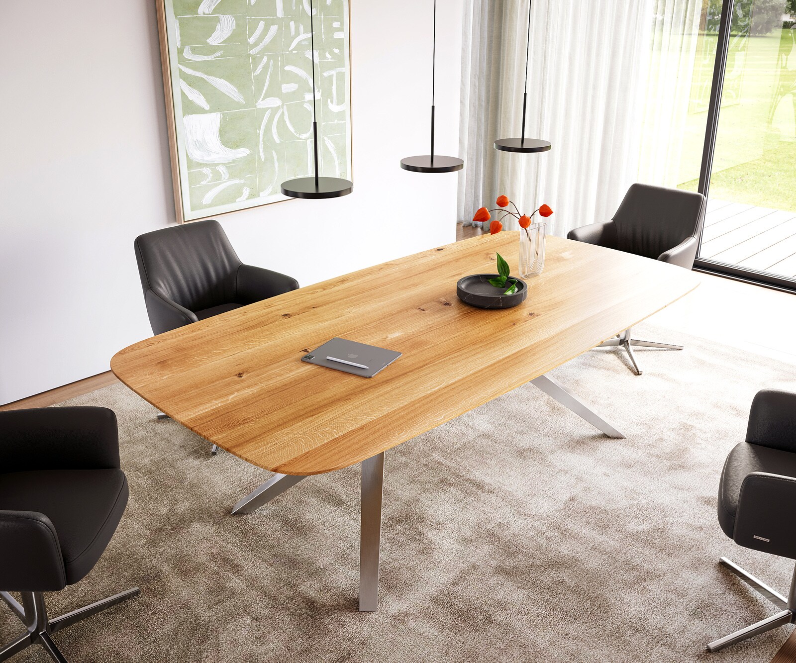 Stół do jadalni Edge kształt beczki 240x120x2,5-3cm dąb naturalny rama Zenthara stal nierdzewna krawędź szwajcarska 1