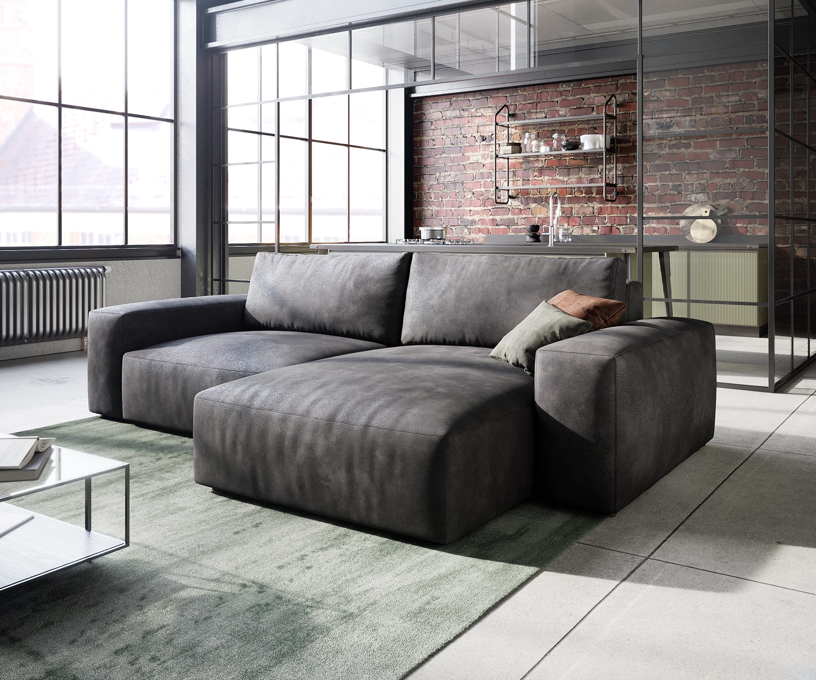 Sofa narożna Lanzo 230x155 cm skóra ekologiczna antracyt vintage szezlong z możliwością zmiennego montażu