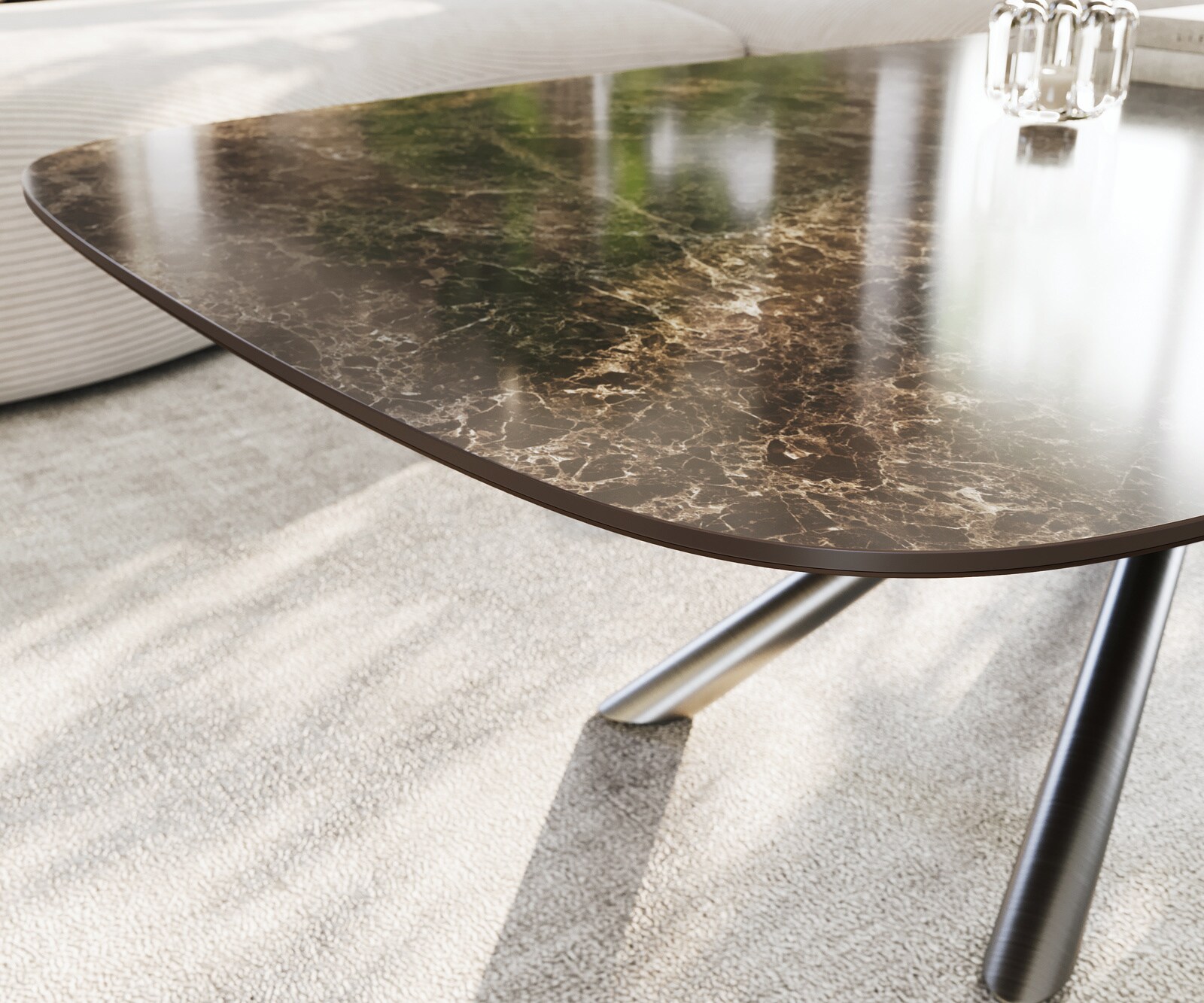 Stolik kawowy Edge w kształcie beczki 140x80 cm ceramika Laminam® Emperador Extra Lucidato ciemnobrązowy Sarity stal nierdzewna szczotkowana 6