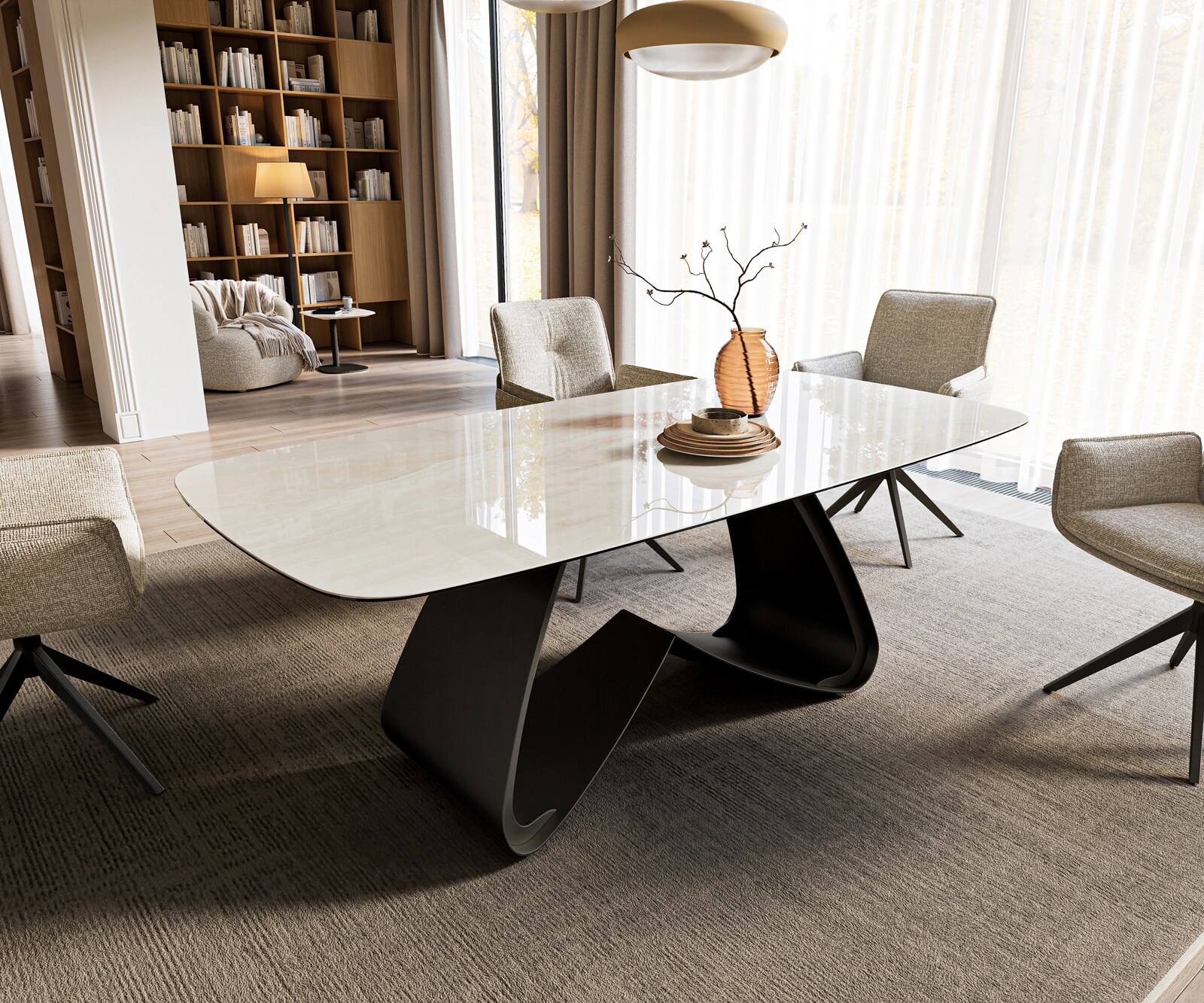 Stół do jadalni Edge w kształcie beczki 200x100 cm ceramika Onyx Champagne rama typu W metal czarny