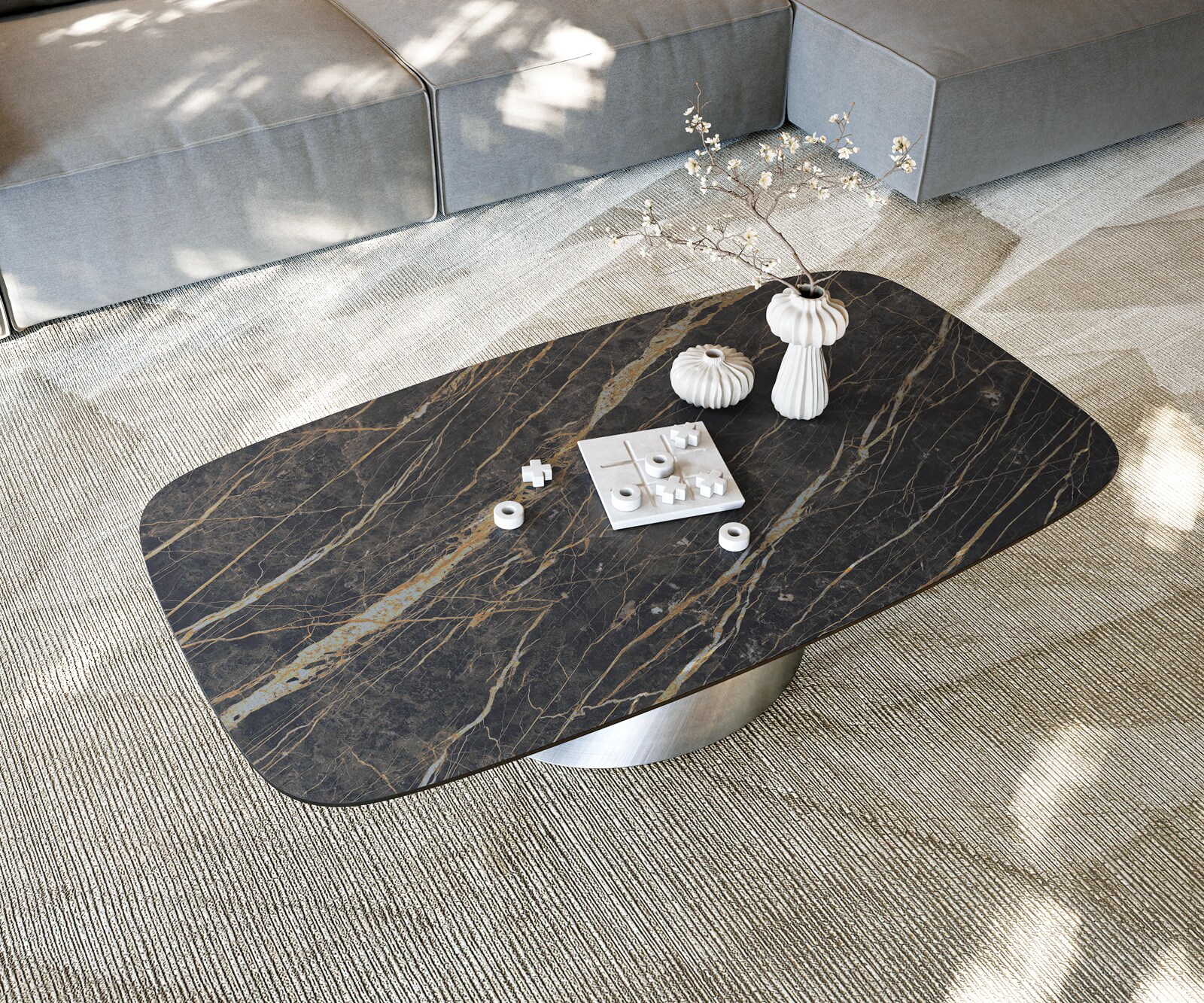 Stolik kawowy Edge w kształcie beczki 140x80 cm ceramika Laminam® Noir Desir brązowy Conis srebrny metaliczny 6
