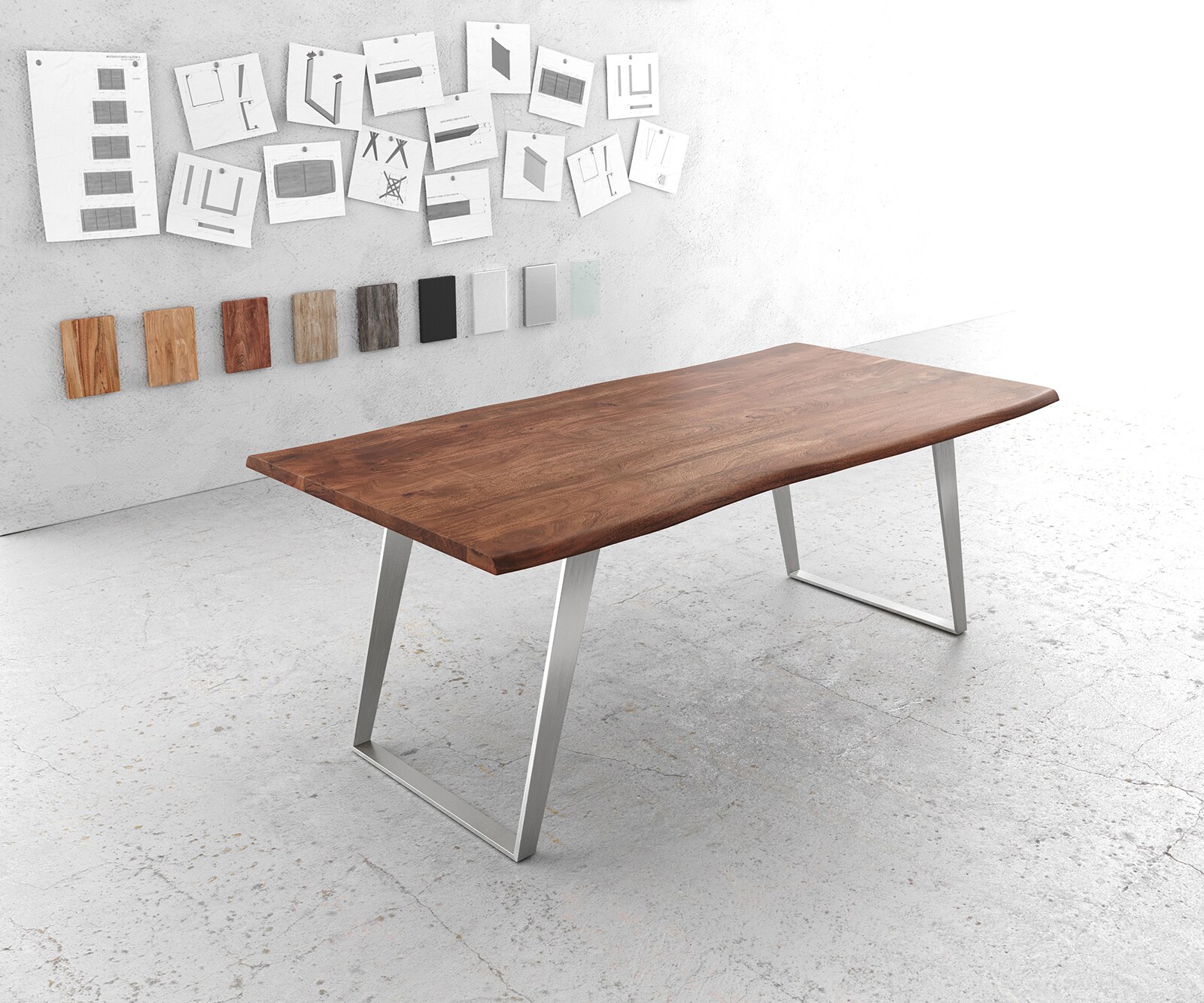 Stół do jadalni Edge 200x100 cm akacja brązowa stal nierdzewna srebrna pochylona rama live-edge