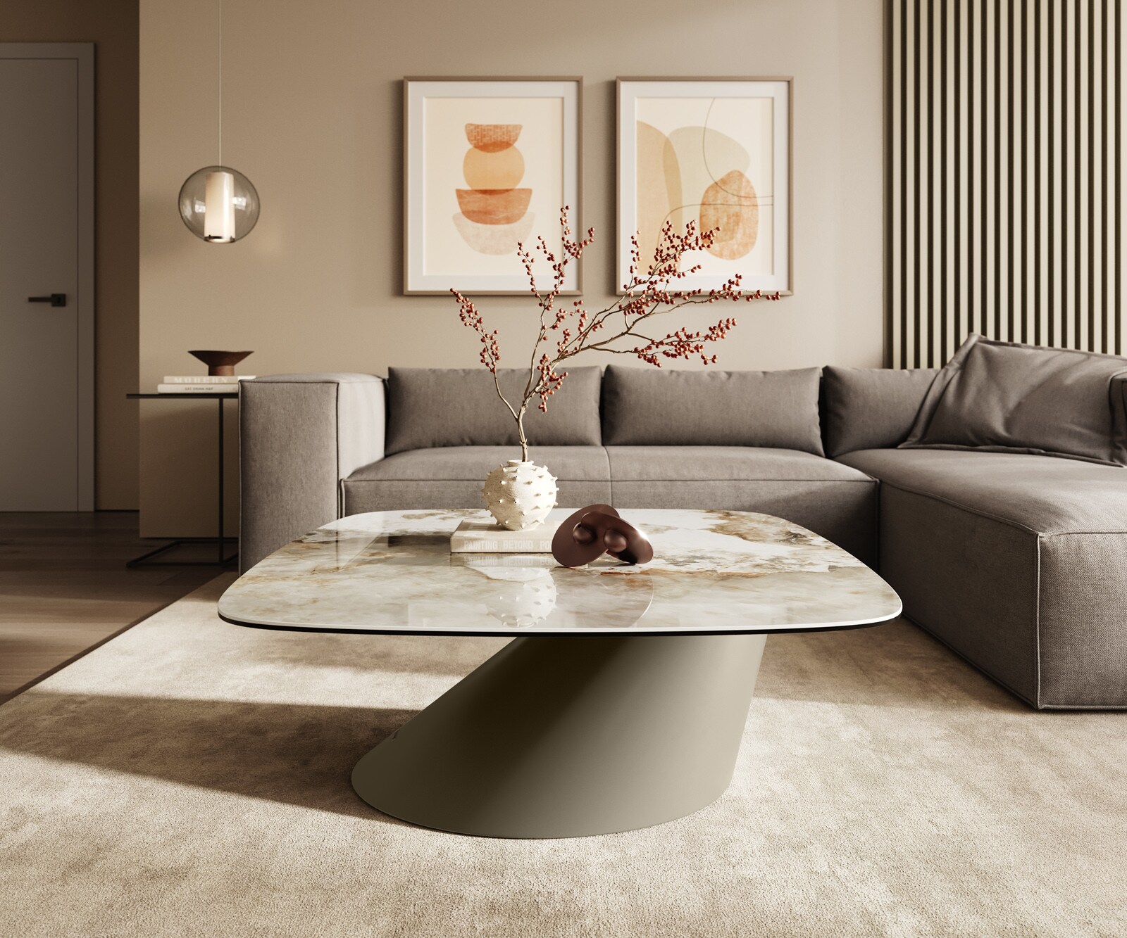Stolik kawowy Edge w kształcie beczki 90x90 cm ceramika Minas Melange Conis wykończenie tytanowe 2