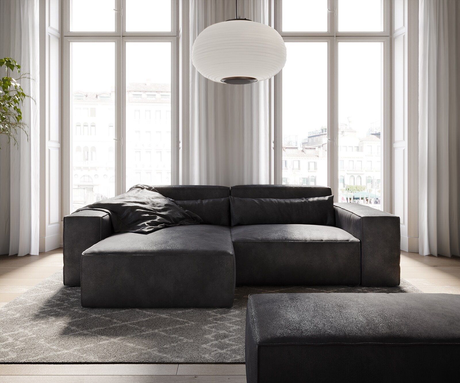 Sofa narożna Sirpio 230x155 cm eko-skóra antracytowy vintage szezlong z możliwością obustronnego montażu z pufem 1