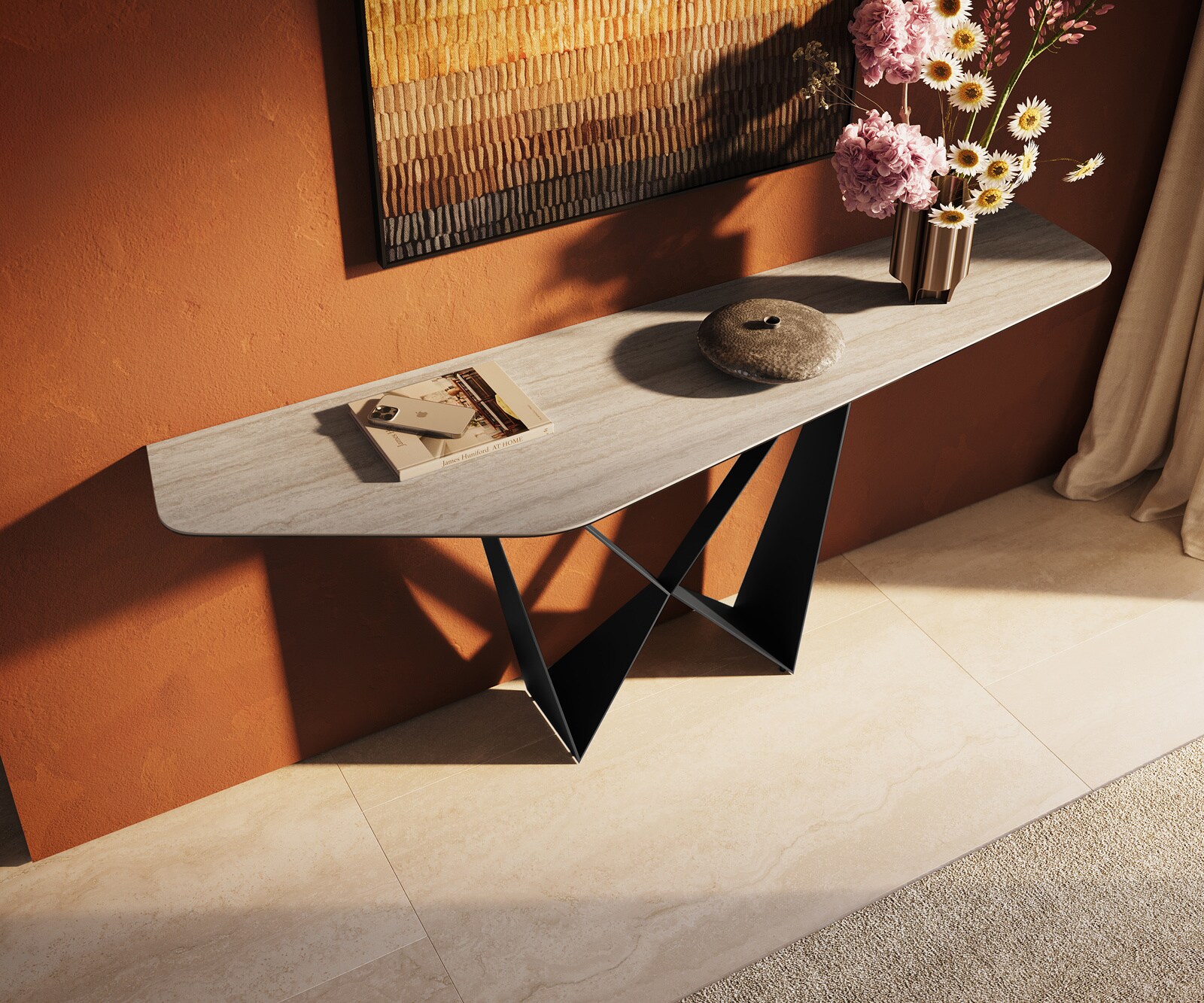 Konsola Edge wielokątna 180x50 cm ceramika Laminam® Travertino Bianco kremowo-biały podstawa Spios metal czarny 2