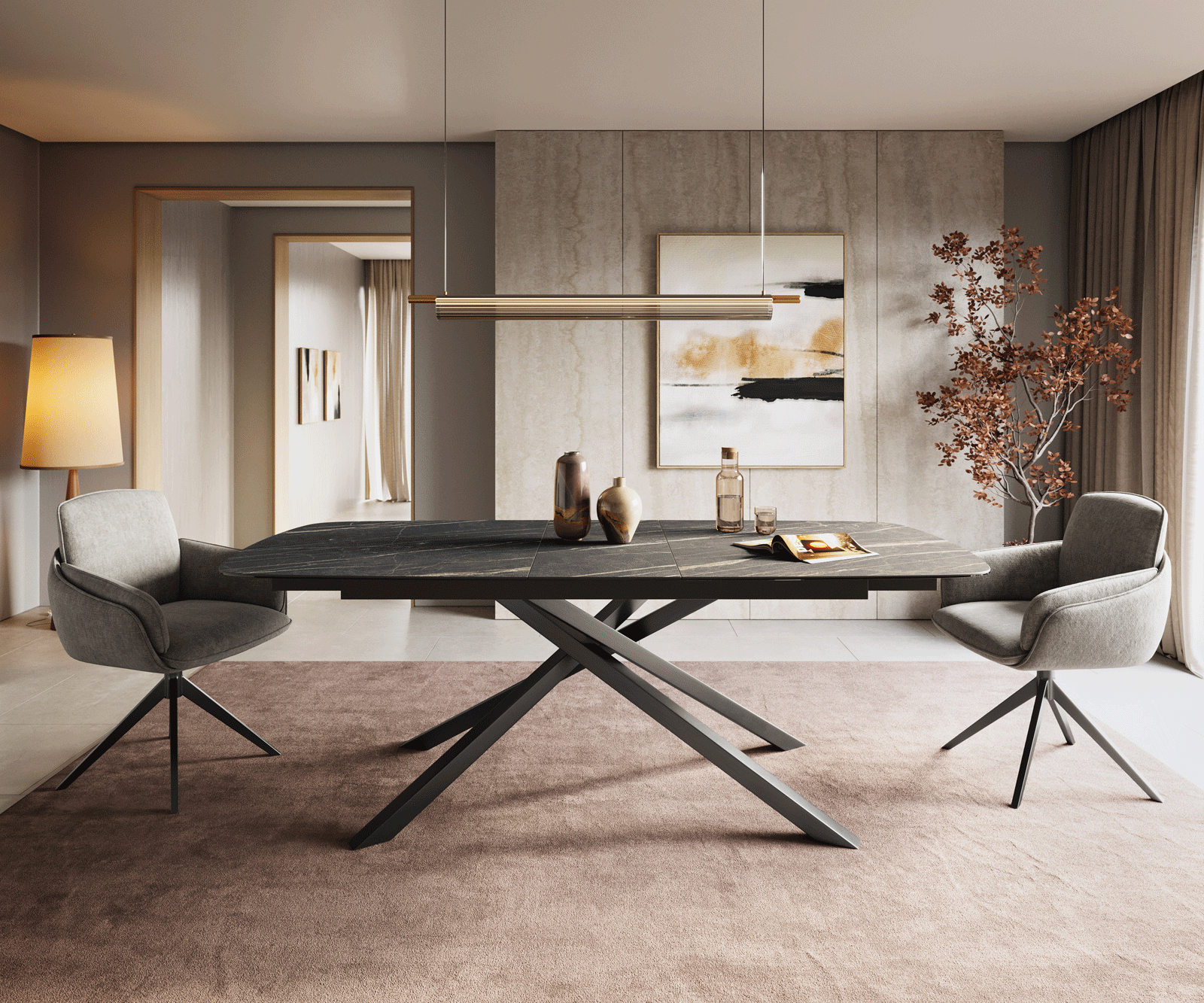 Stół do jadalni Edge w kształcie beczki 180-220x100 cm Laminam® ceramika Noir Desir Braun rama Spider metal kolor tytanowy rozkładany 2