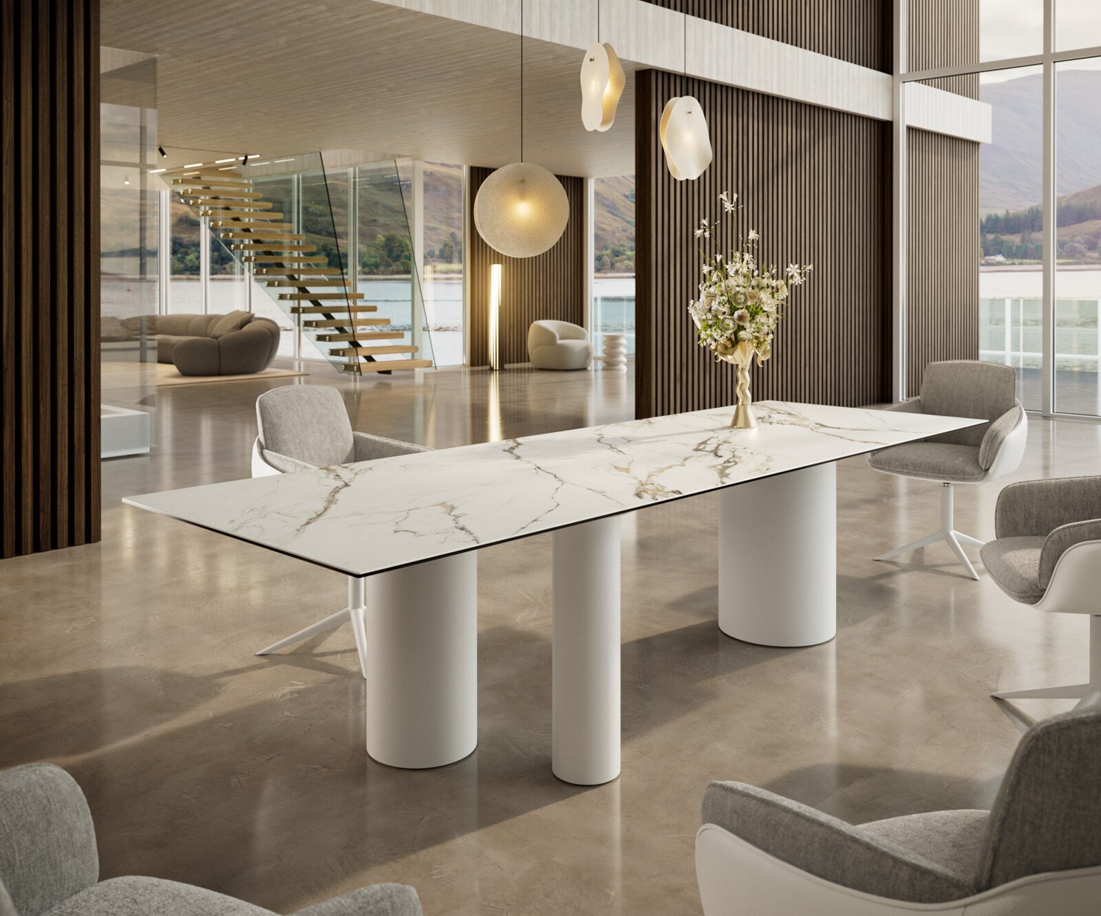 Stół do jadalni Edge 300x100cm ceramika Calacatta Luxe biało-złoto-szary rama Troa metal biały 1