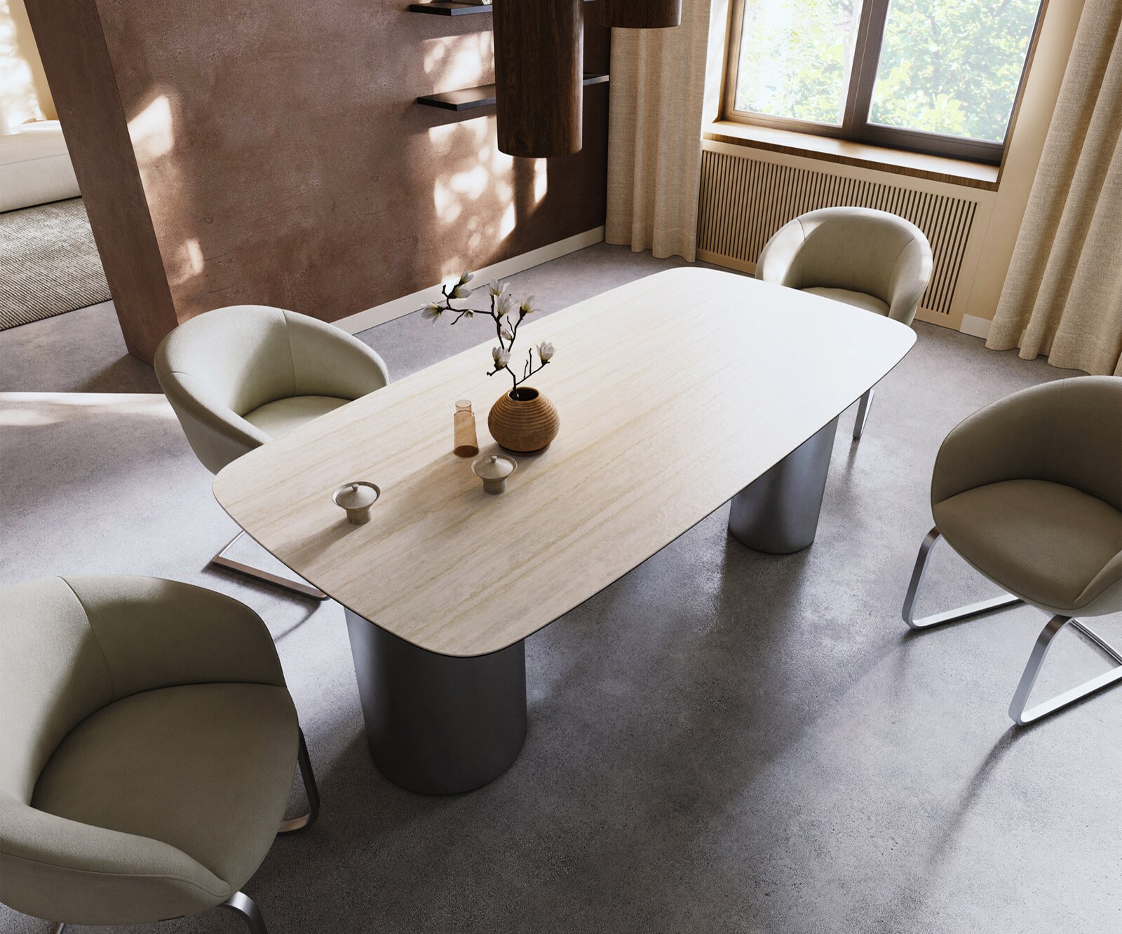 Stół do jadalni Edge w kształcie beczki 200x100cm ceramika Laminam® Travertino Bianco kremowo-biały rama Troa stal nierdzewna szczotkowana