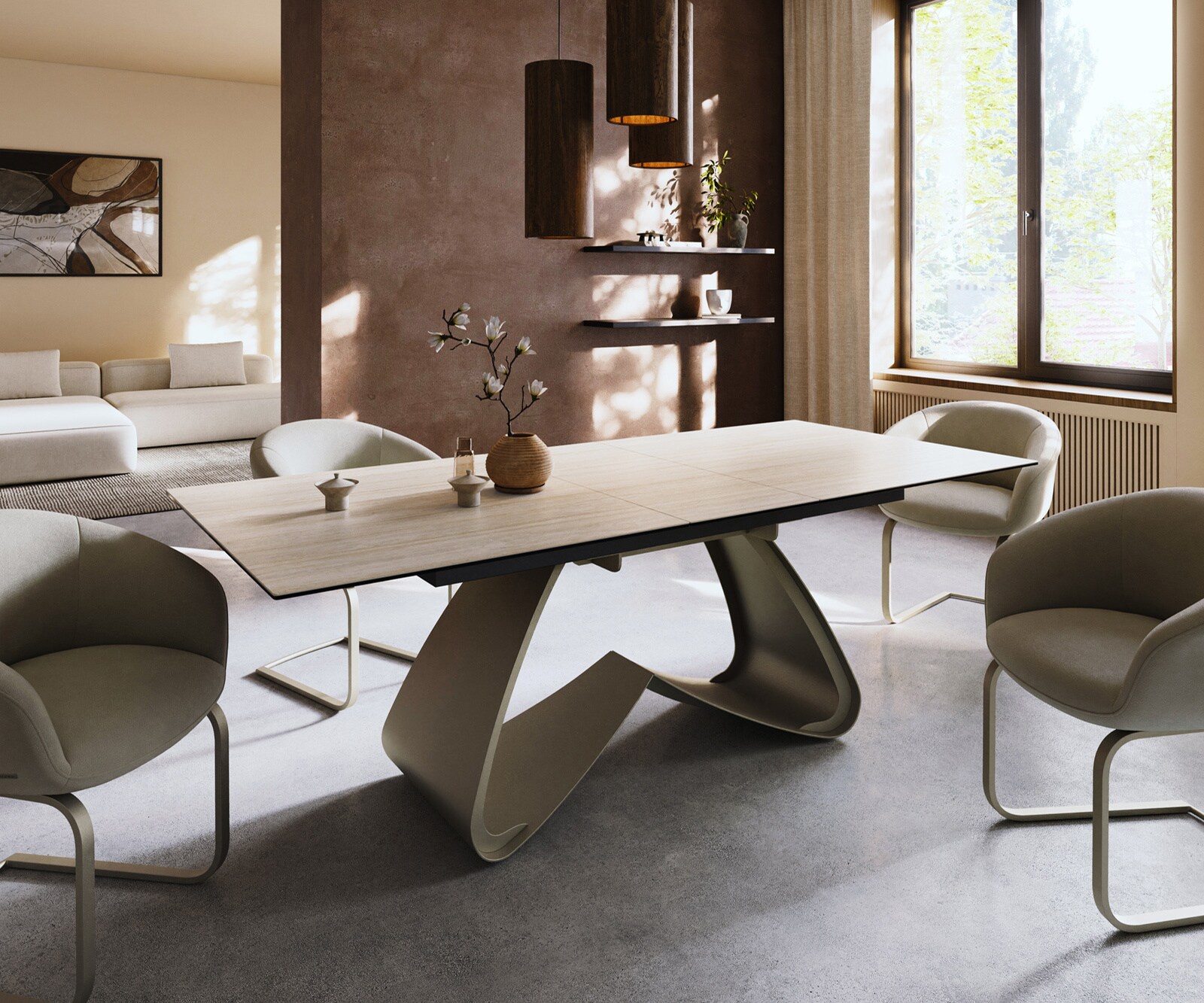 Stół do jadalni Edge 180-220x100cm ceramika Laminam® Travertino Bianco kremowo-biały rama W kolor tytanowy rozkładany