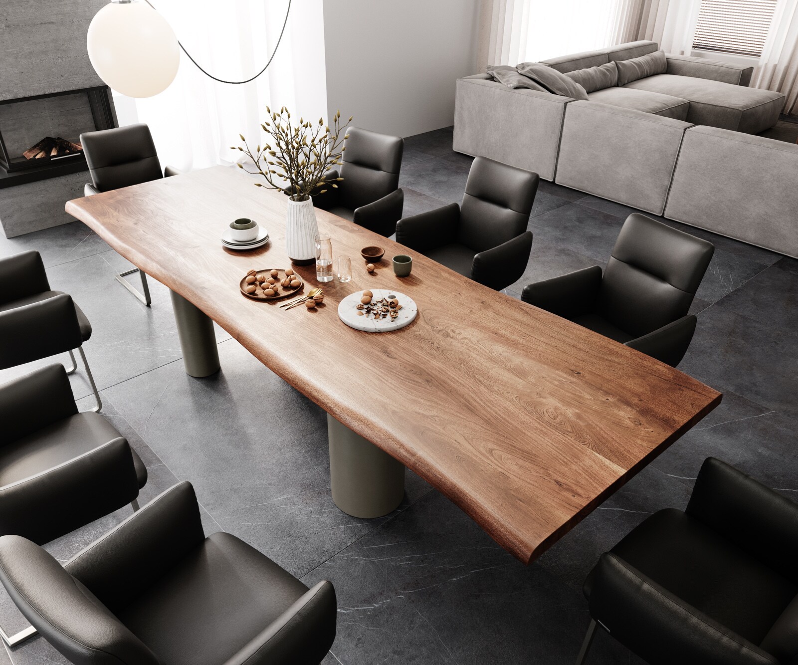 Stół do jadalni Edge 300x100 XL akacja brązowa podstawa Pilier metal kolor tytanowy live-edge 3
